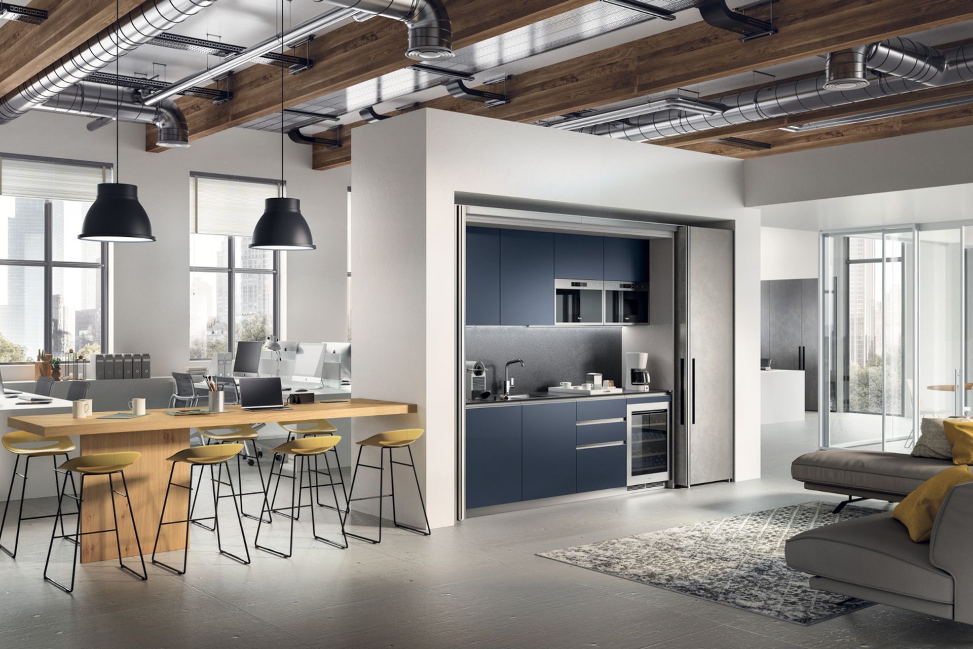 BoxLife provides a multitude of solutions for the workplace. Perfect to hide away a kitchen fitted with useful equipment to spend the day with every comfort, including a wine cellar. The relaxation area furnished with the BoxLife system becomes discreet if need be and matches the Nordic Oak worktop to perfection.