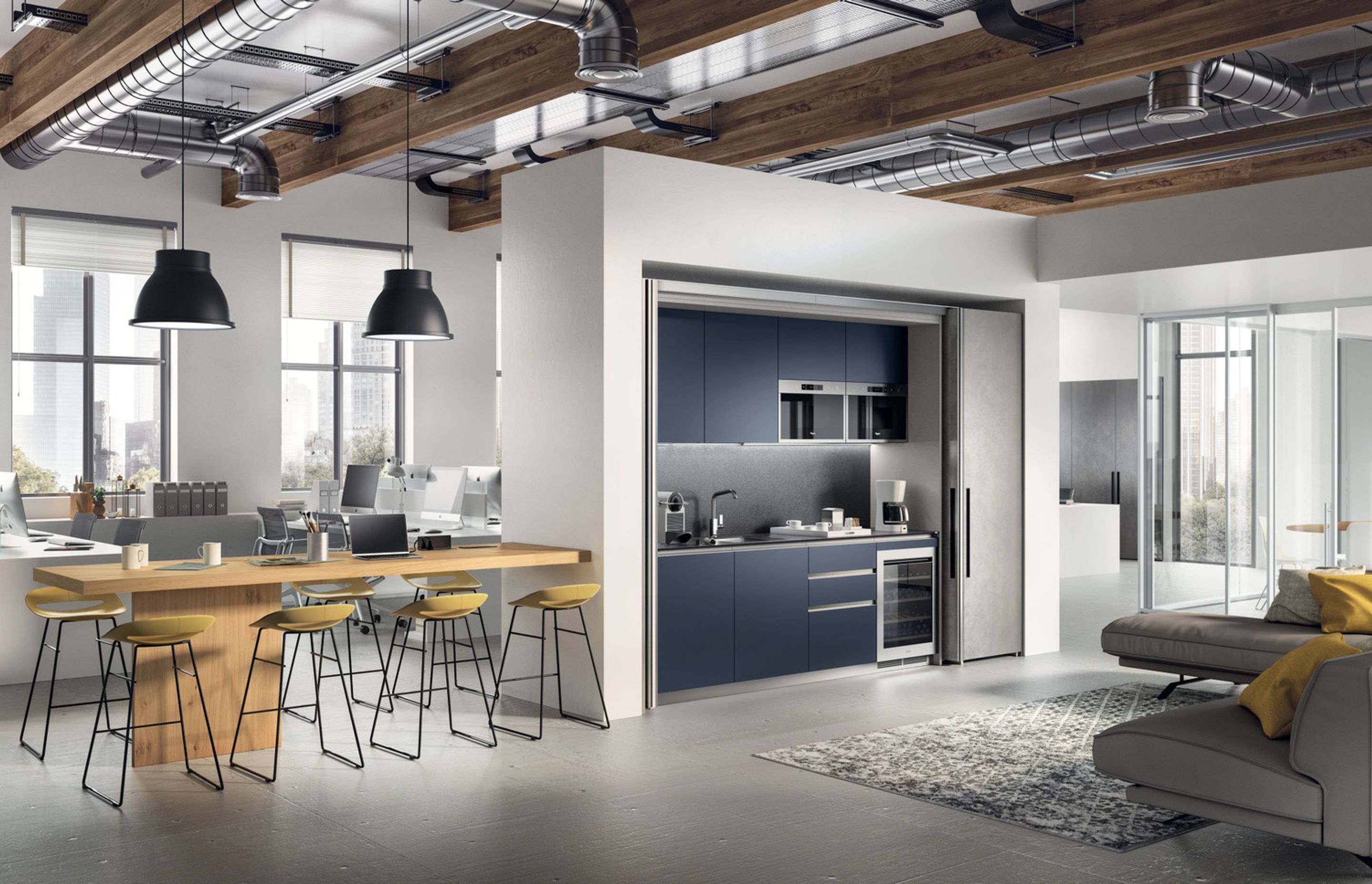 BoxLife provides a multitude of solutions for the workplace. Perfect to hide away a kitchen fitted with useful equipment to spend the day with every comfort, including a wine cellar. The relaxation area furnished with the BoxLife system becomes discreet if need be and matches the Nordic Oak worktop to perfection.