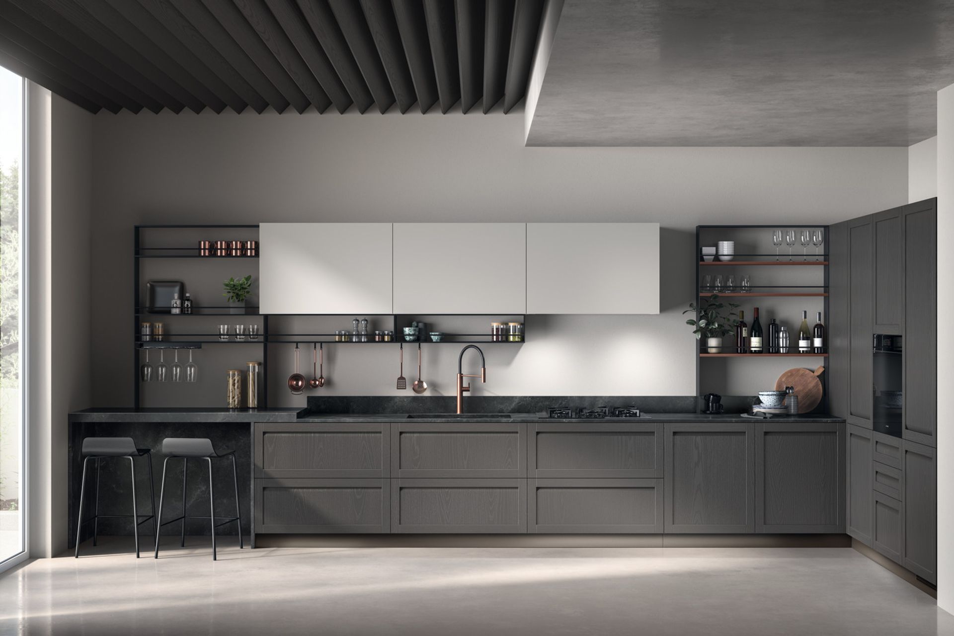 Corner kitchen with Chia Ash Scav 972 coloured doors and Heron Grey Scav 325 matt lacquered doors. 2 cm thick Black Diamond Stoneware top.