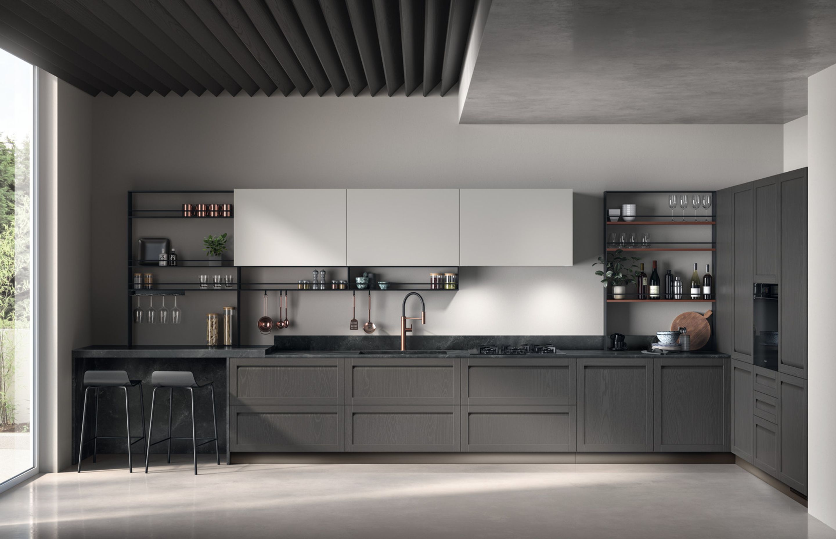Corner kitchen with Chia Ash Scav 972 coloured doors and Heron Grey Scav 325 matt lacquered doors. 2 cm thick Black Diamond Stoneware top.