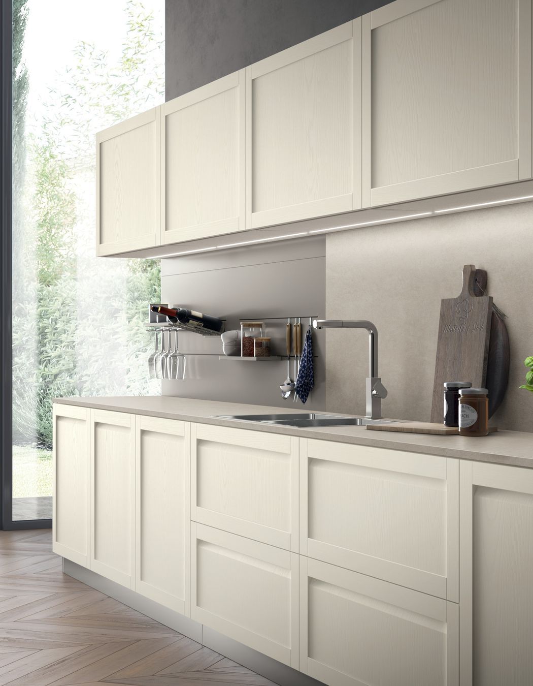 Linear kitchen with Cotton Ash Scav 908 coloured doors and Fokos Sale Stoneware top.