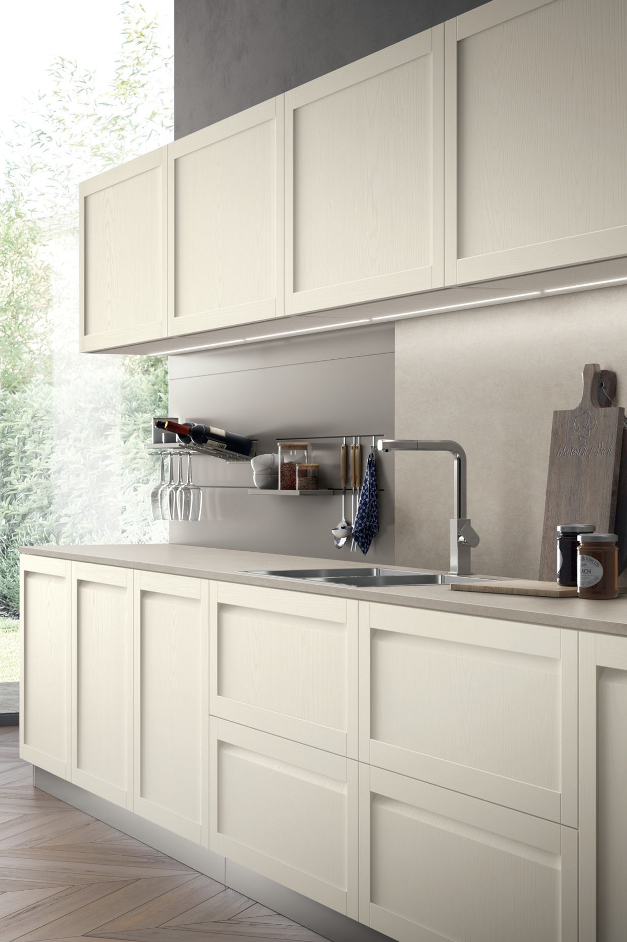 Linear kitchen with Cotton Ash Scav 908 coloured doors and Fokos Sale Stoneware top.