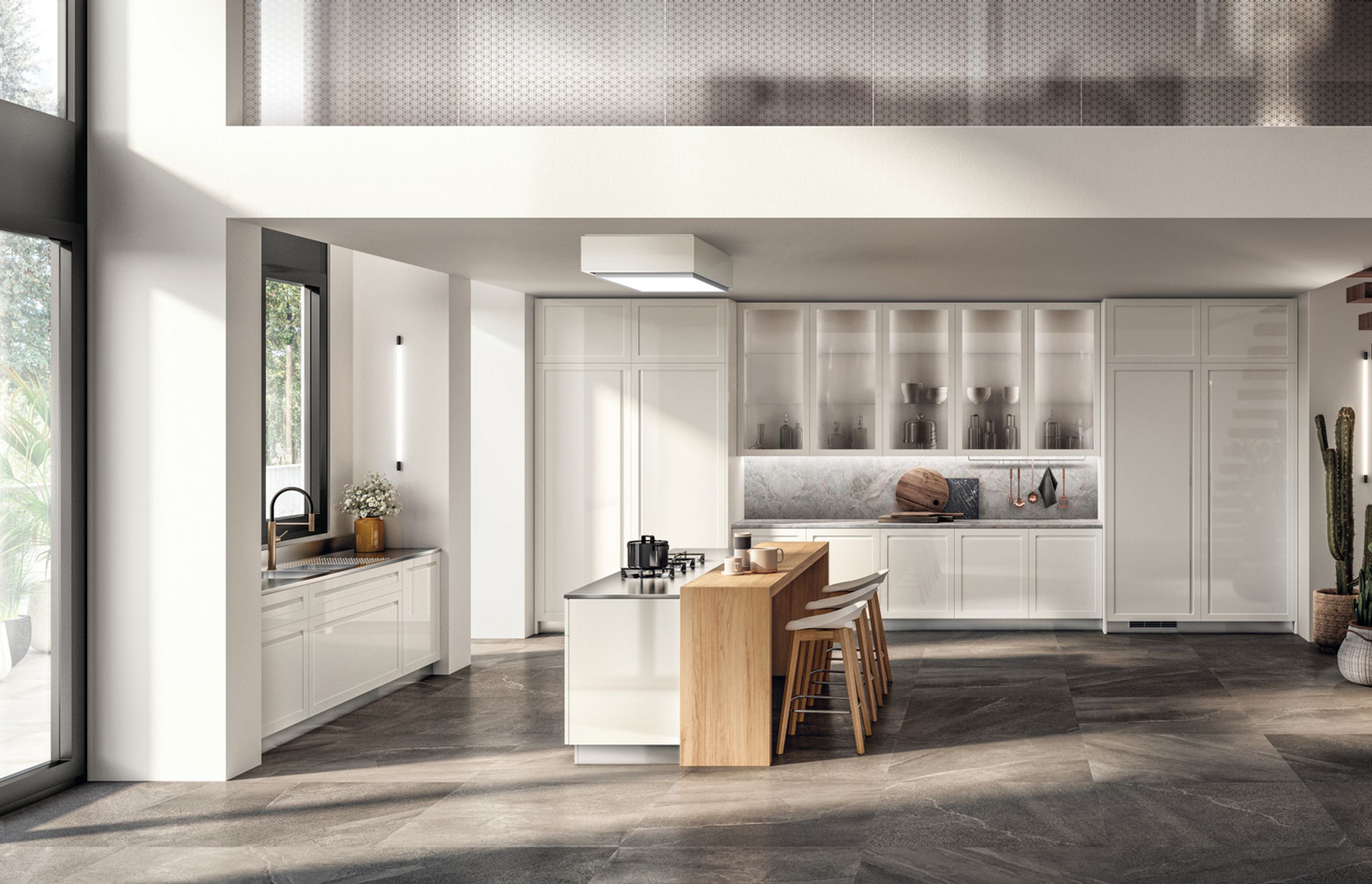 Outstanding chromatic harmony thanks to the combination of the Prestige White glossy lacquered finish applied to the doors with the fior di Pesco Carnico marble. Satin-finish Steel and Nordic Oak veneered tops