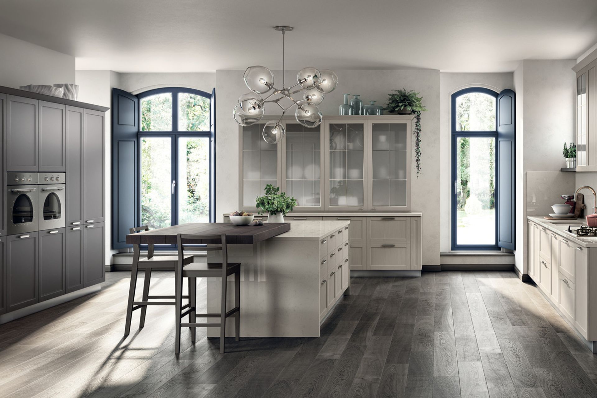 Here are the distinguishing features of this composition: Iron Grey matt lacquered cornice, Cashmere Ash veneered doors and glass fronted unit with English-style frame resting on the top.