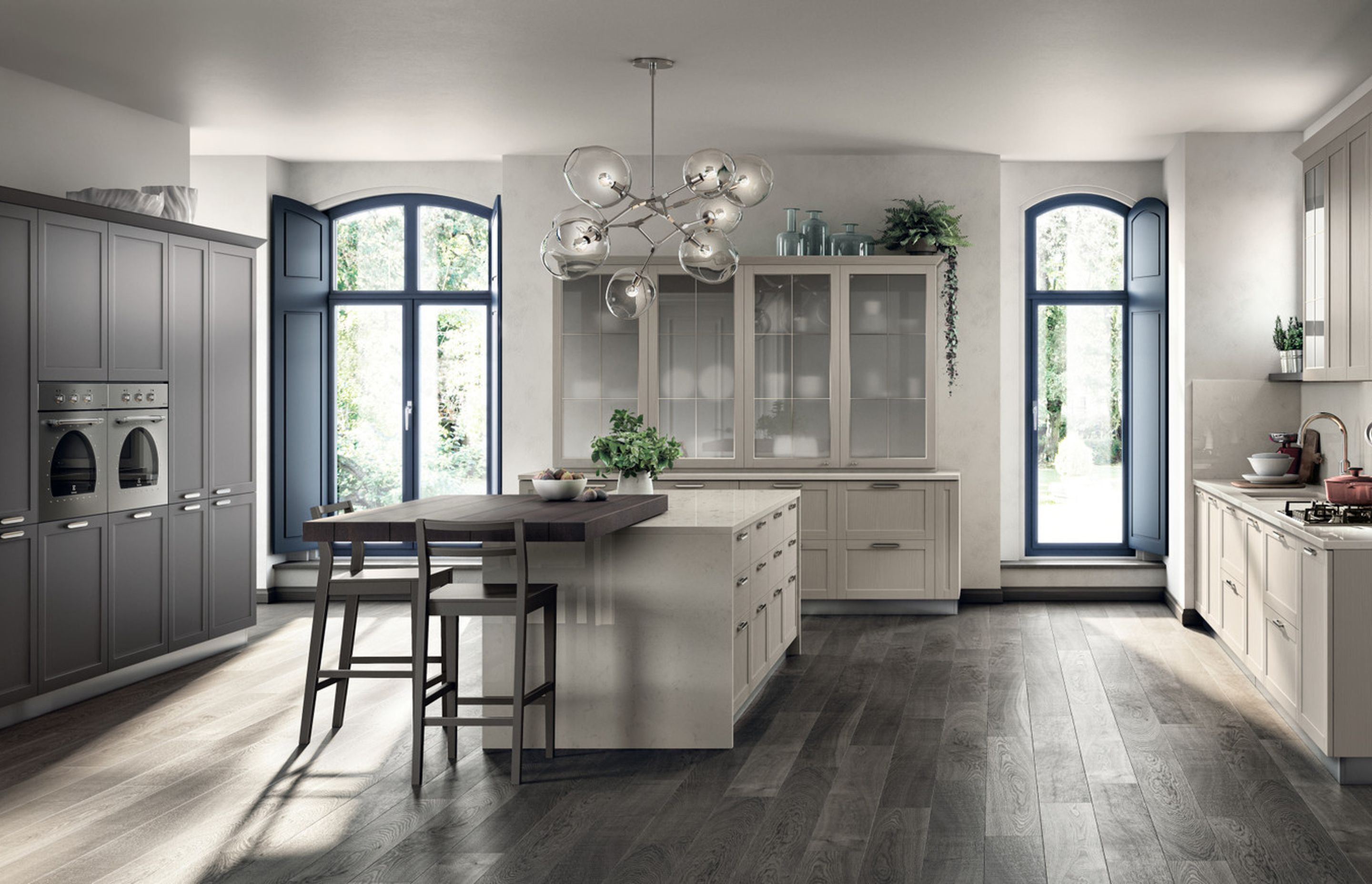 Here are the distinguishing features of this composition: Iron Grey matt lacquered cornice, Cashmere Ash veneered doors and glass fronted unit with English-style frame resting on the top.