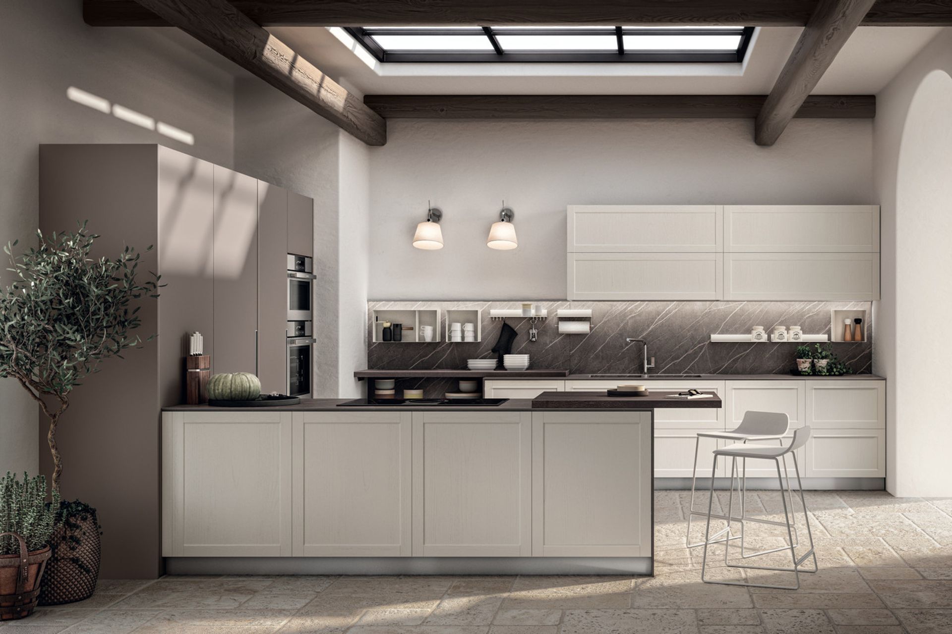 The Orizzonte Up magnetic wall panel in Dark Pulpis stratified laminate – created for a specific range of laminates and fitted with an internal metal slab – also makes it possible to use the new collection of Magneto accessories, which are excellent allies in any kitchen.