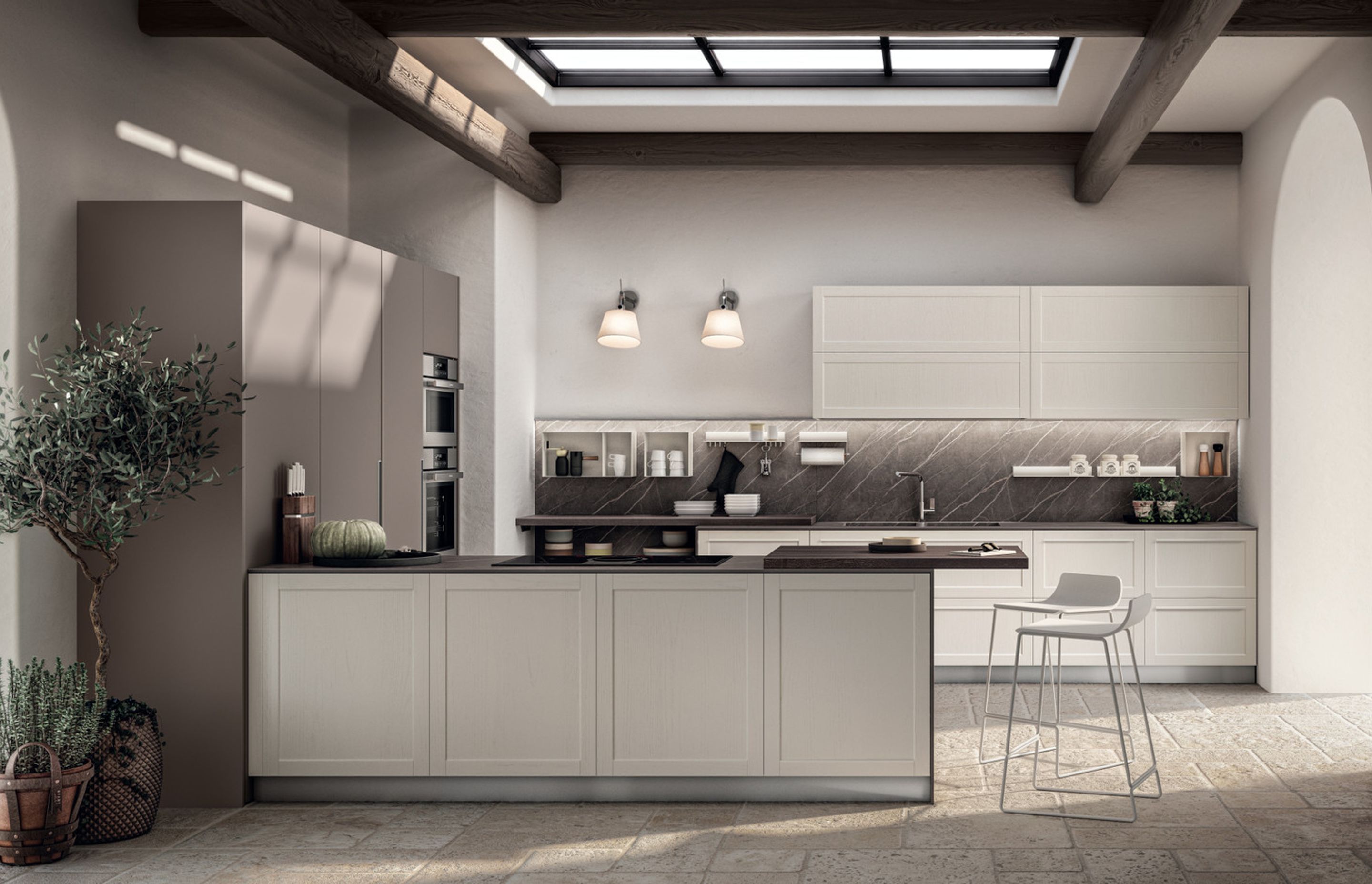 The Orizzonte Up magnetic wall panel in Dark Pulpis stratified laminate – created for a specific range of laminates and fitted with an internal metal slab – also makes it possible to use the new collection of Magneto accessories, which are excellent allies in any kitchen.