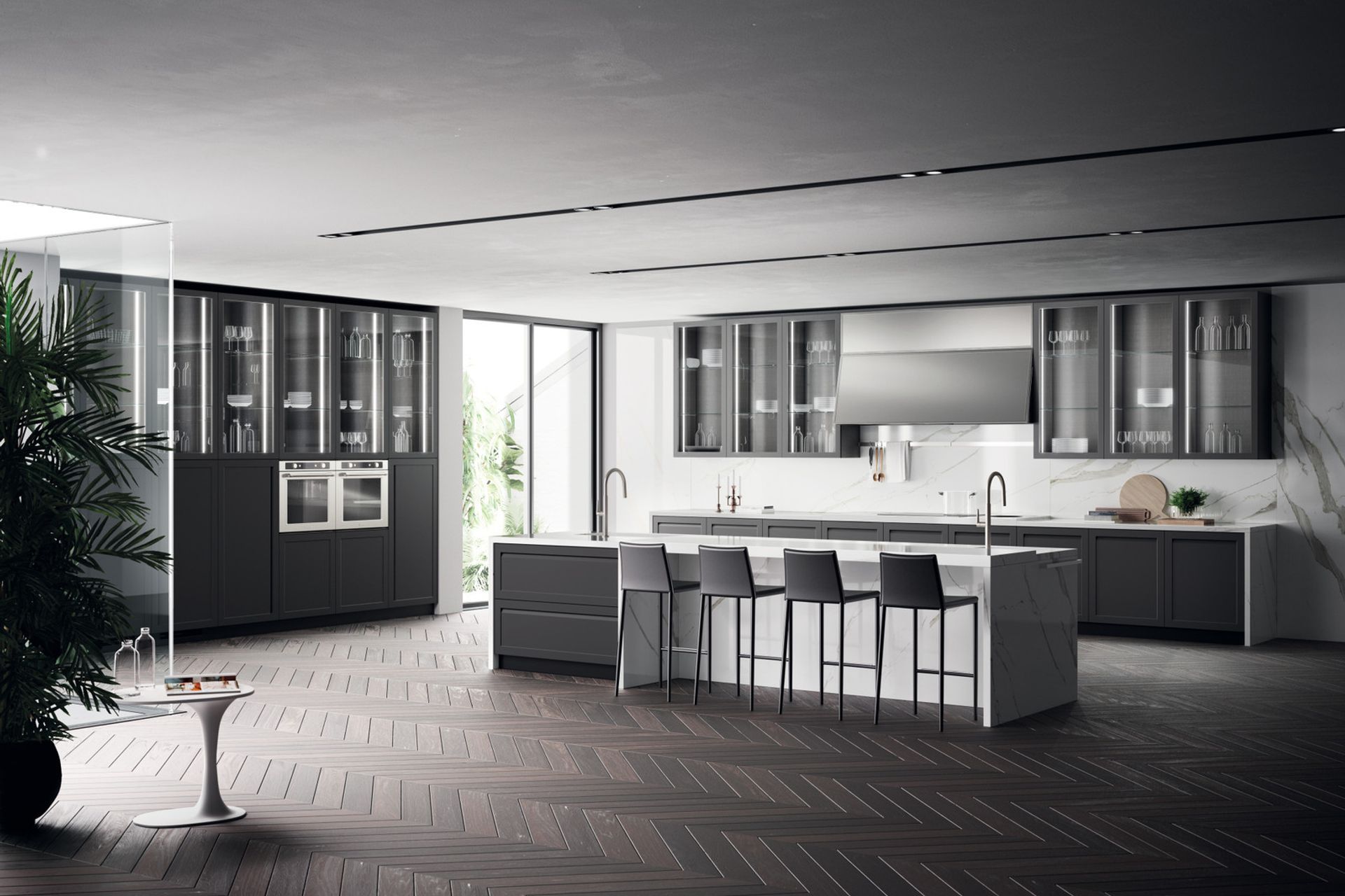 A distinguishing feature of Carattere, the grip built into the frame door (in Iron Grey lacquered finish, a very trendy shade), is capable of amplifying the unadulterated essence of the model. The handle grip is fitted horizontally on the base units, whereas on the cabinets it is arranged vertically: sophistication and clean-cut shapes that outline the furnishings.