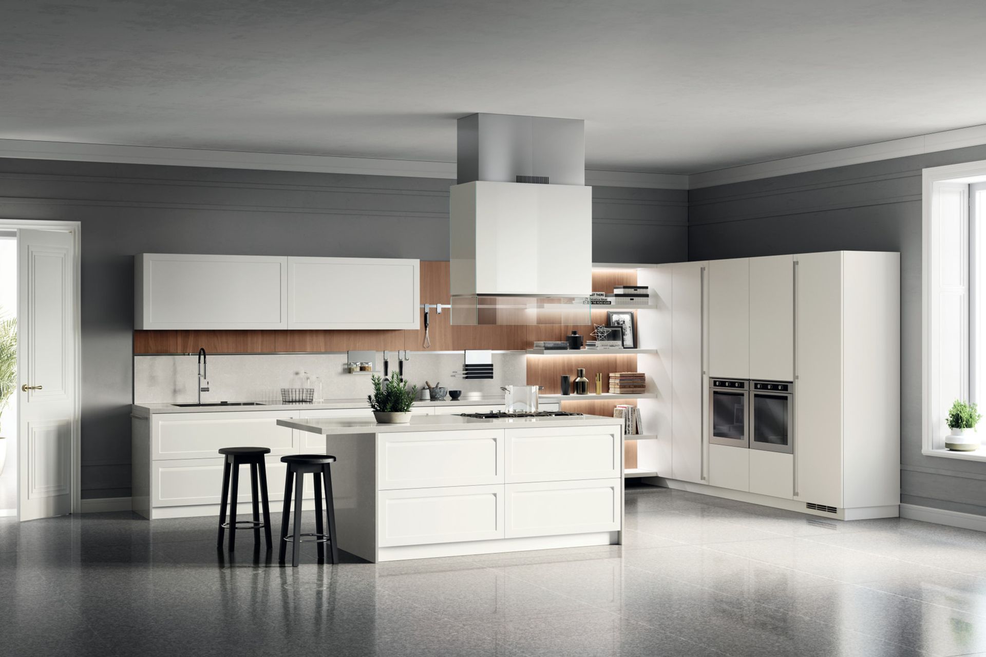 Simple shapes, innovative materials and trendy colours. Prestige White matt lacquered base, wall and tall units; Blanc Breeze quartz tops; Tussah Walnut veneered backsplash.