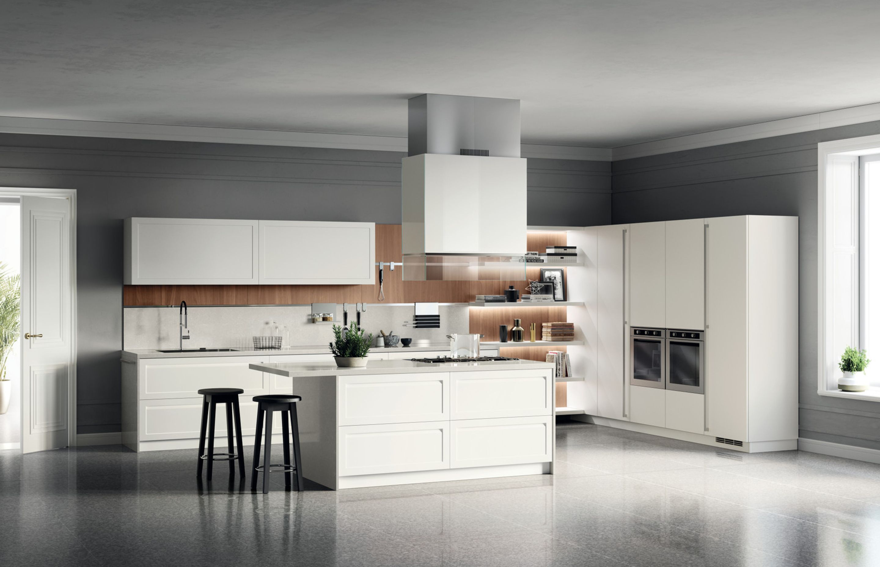 Simple shapes, innovative materials and trendy colours. Prestige White matt lacquered base, wall and tall units; Blanc Breeze quartz tops; Tussah Walnut veneered backsplash.