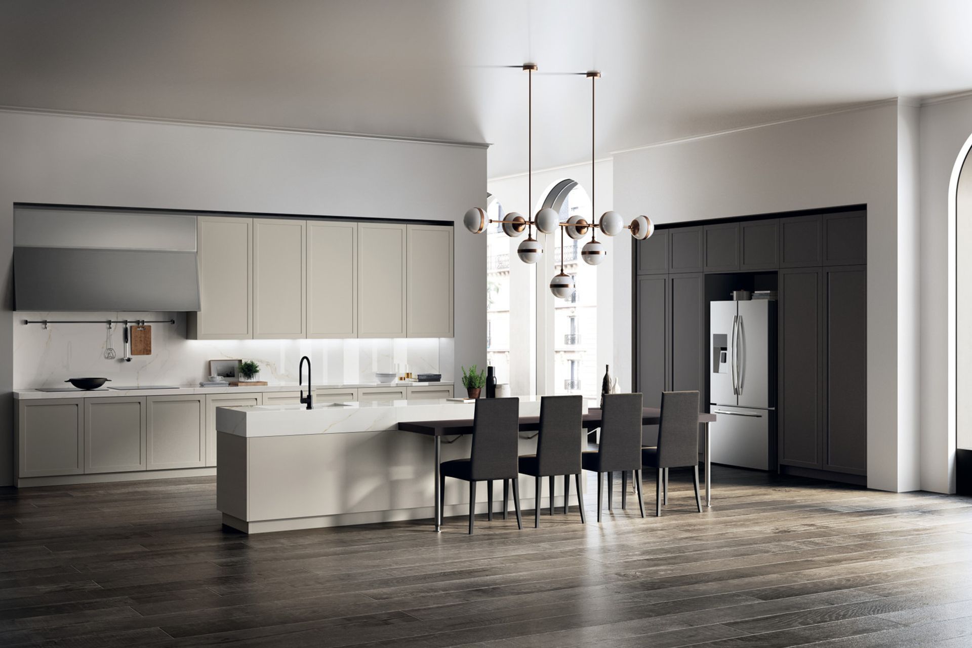 This design is accompanied by generously-sized Switch cupboards with Iron Grey matt lacquered frame door, an excellent solution better to exploit all the available space, thanks also to the use of convenient tall unit top modules that adorn the entire wall. An interesting detail: the handle grip recessed into the door is a signature feature of Carattere.