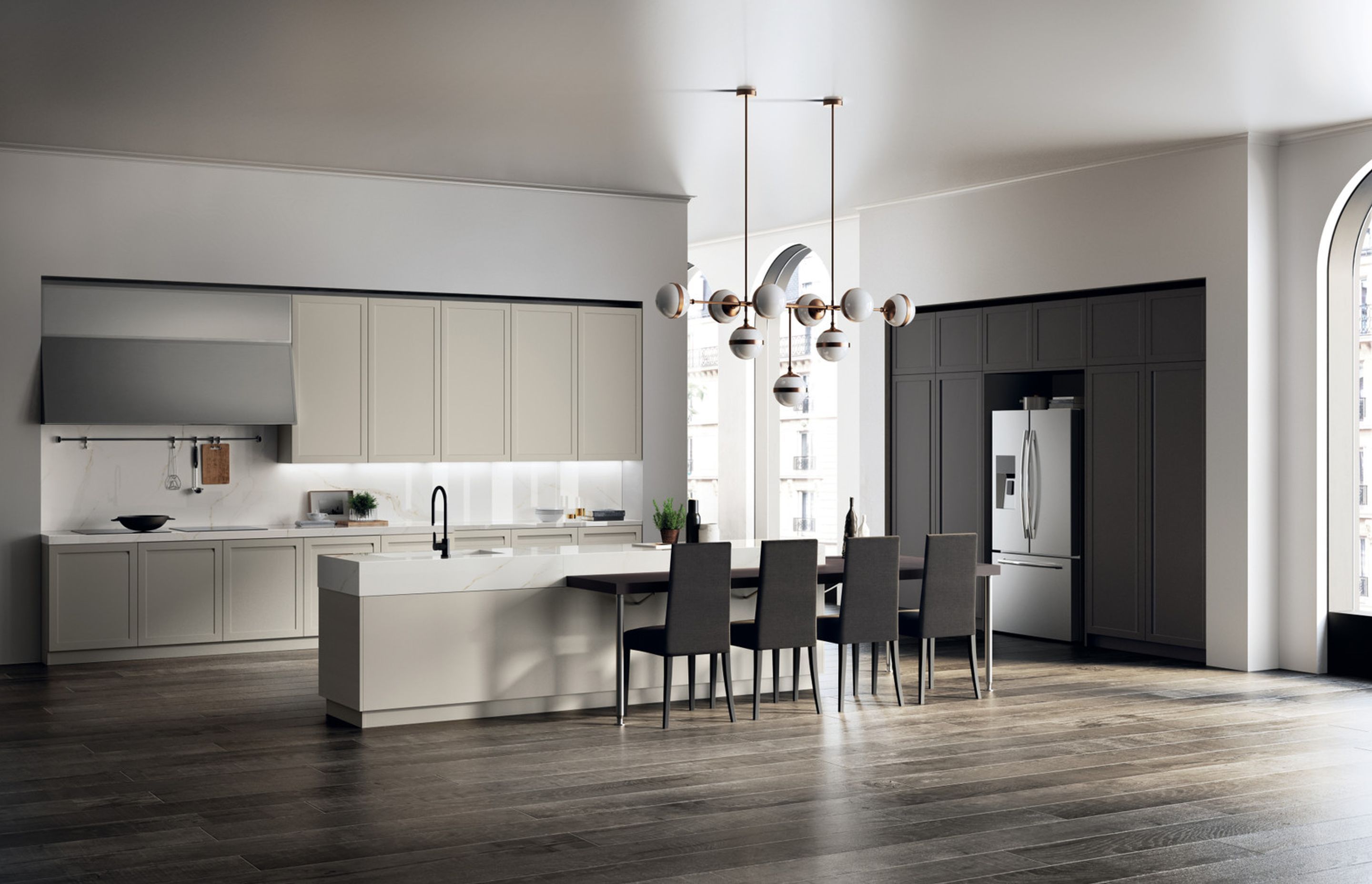 This design is accompanied by generously-sized Switch cupboards with Iron Grey matt lacquered frame door, an excellent solution better to exploit all the available space, thanks also to the use of convenient tall unit top modules that adorn the entire wall. An interesting detail: the handle grip recessed into the door is a signature feature of Carattere.