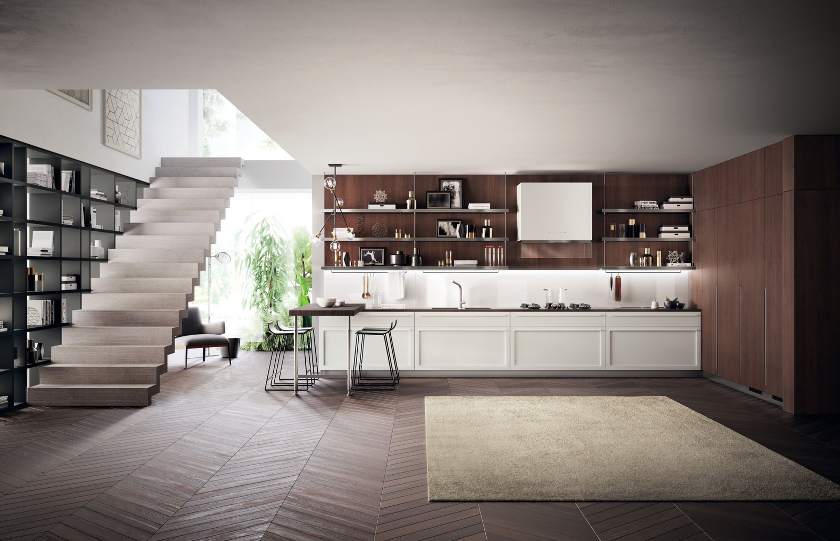 A trendy alternative: the protruding breakfast bench. Here, the 6 cm thick snack bench is presented in the warm Nabuk Oak finish, which matches the Avenue Amber Porcelain Stoneware base unit top.