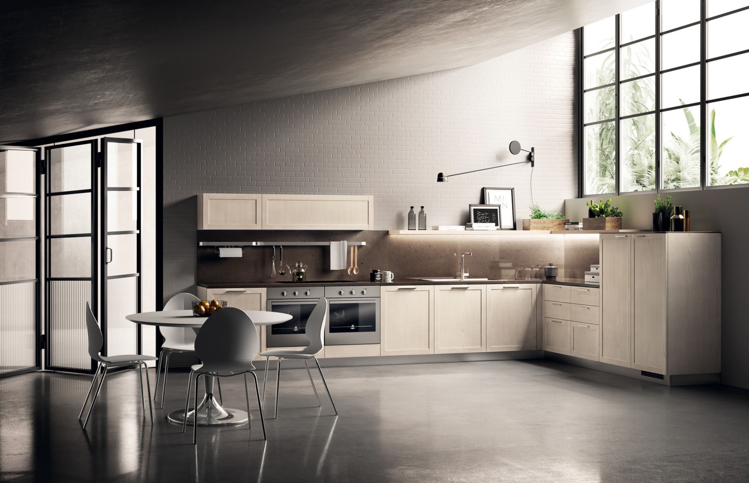 Carattere can be clad with veneered finishes that adorn the model with a “classical-contemporary” style: Ivory Ash veneer for the doors, top and backsplash in Amazon quartz and Porcelain Cream matt lacquered shelves.