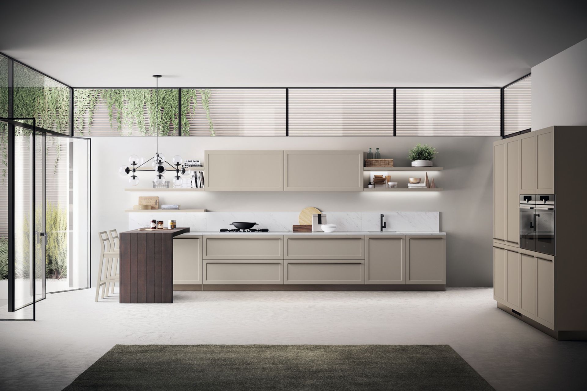 In a designer kitchen, light weight and symmetry cohabit in complete harmony, and clean-cut geometries stand out, along with well-defined corners. In this Mink matt lacquered version of Carattere, the details make the space utterly exclusive: Bronze finish handles, which look like an elegant graphic sign, and the 45-degree processing of the imposing Nabuk Oak breakfast bench.