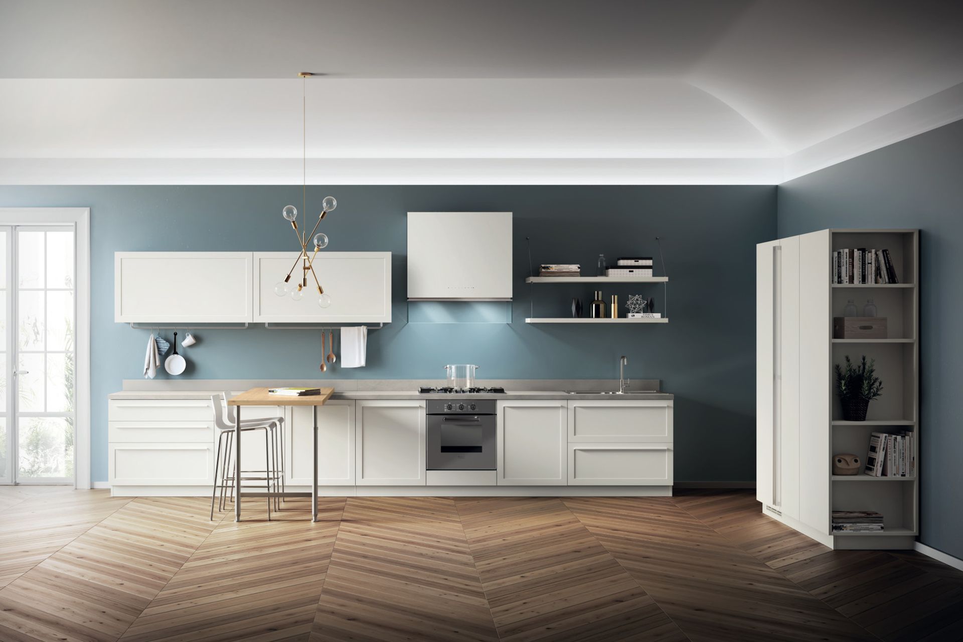 Exclusive details for a sophisticated kitchen. The “Allinea” accessories ini satin finish steel finish are available in sizes L. 70-100 cm: giving the kitchen a personal touch. Stylish furnishings include the cabinets with convenient open-fronted end units in Prestige White matt lacquered finish.