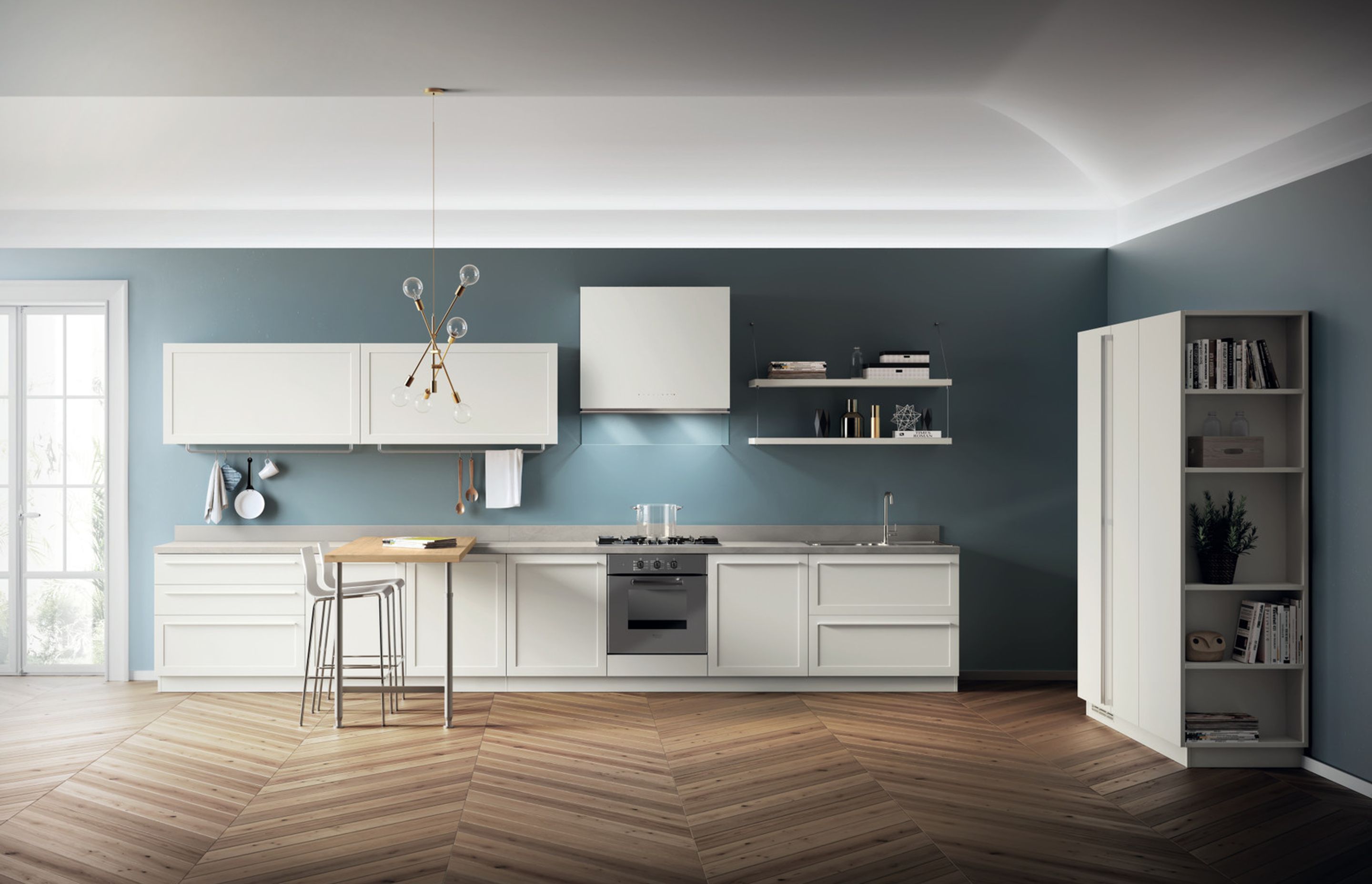 Exclusive details for a sophisticated kitchen. The “Allinea” accessories ini satin finish steel finish are available in sizes L. 70-100 cm: giving the kitchen a personal touch. Stylish furnishings include the cabinets with convenient open-fronted end units in Prestige White matt lacquered finish.