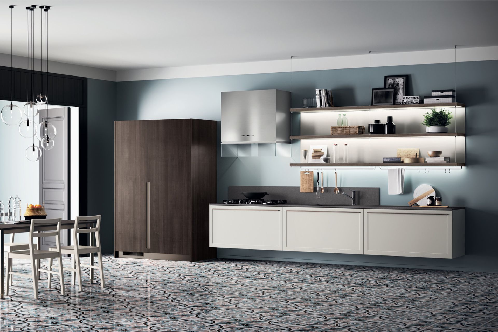 Functionality and light weight for the wall-mounted base units with Light Grey matt lacquered frame door, which make the kitchen even more dynamic. Also, the roomy Saxony Walnut larder unit matches the composition to create an attractive textured effect. The matching handles are a novelty introduced with this model, and they are available in Prestige White, Steel, Bronze and Black.