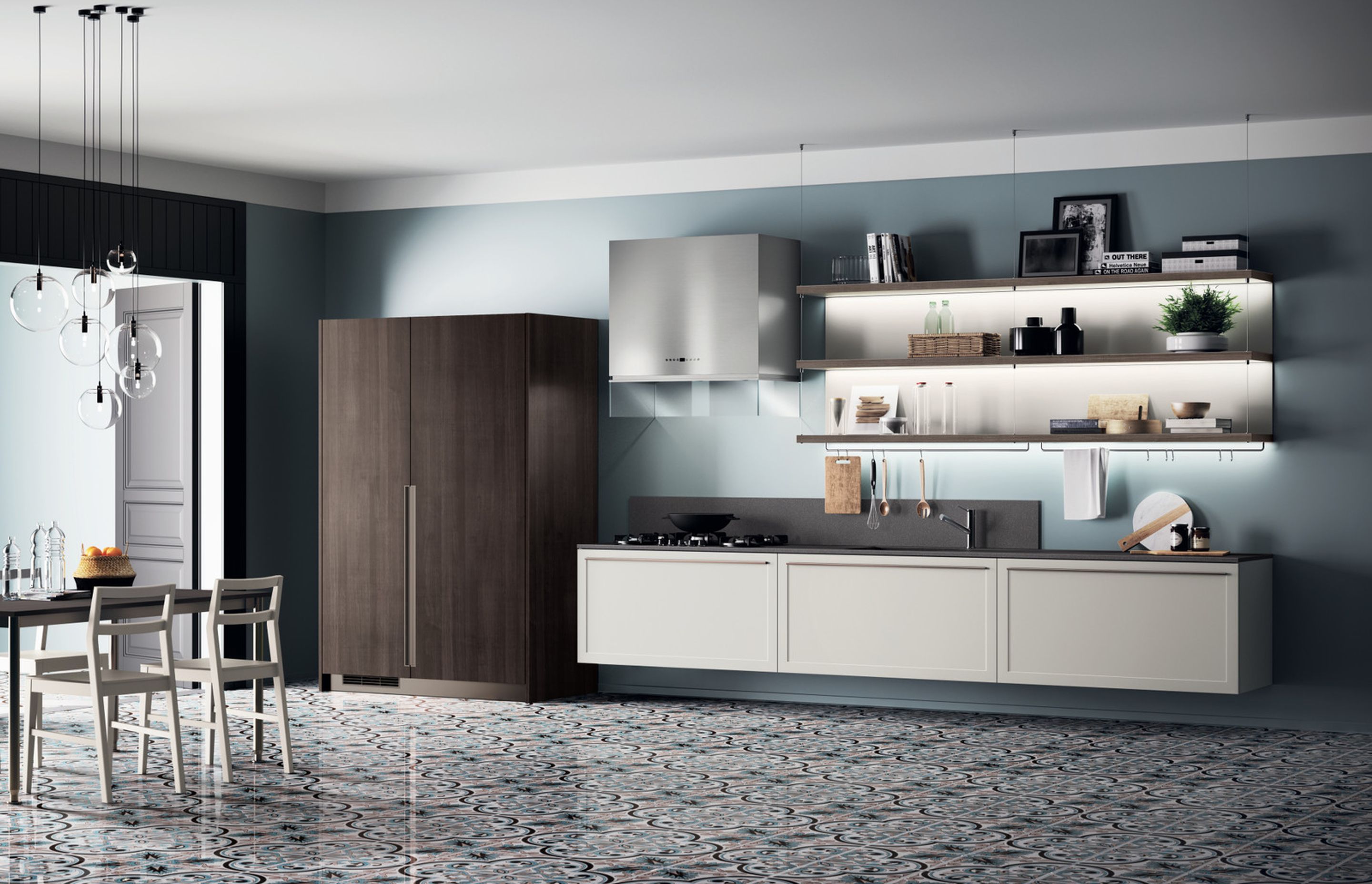 Functionality and light weight for the wall-mounted base units with Light Grey matt lacquered frame door, which make the kitchen even more dynamic. Also, the roomy Saxony Walnut larder unit matches the composition to create an attractive textured effect. The matching handles are a novelty introduced with this model, and they are available in Prestige White, Steel, Bronze and Black.