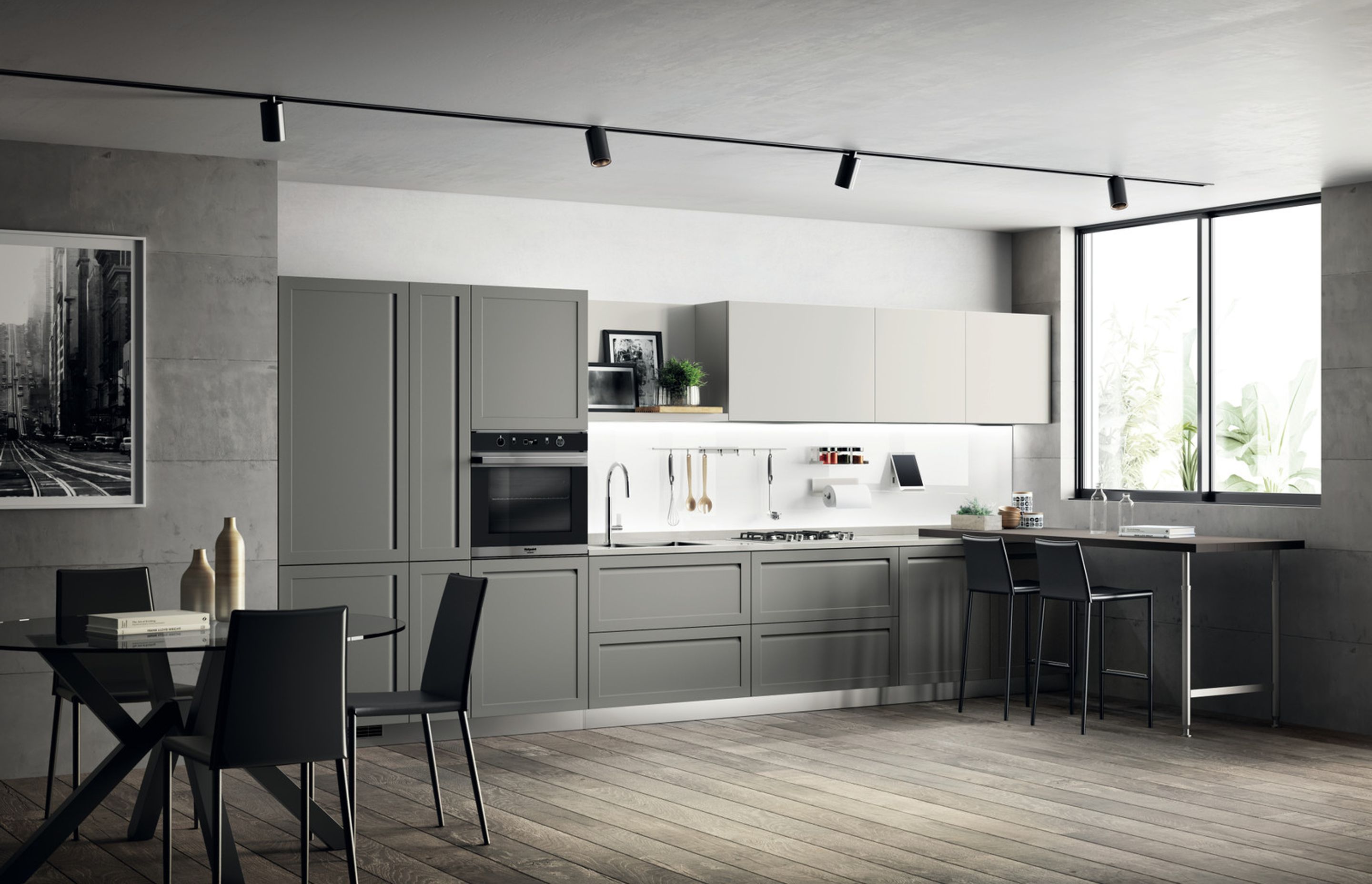 The Breeze quartz finish worktop is 3 cm thick, and it blends in seamlessly with the delicate and elemental hues of this composition. The breakfast bench, in Nabuk Oak, accommodates the need for warm hospitality.