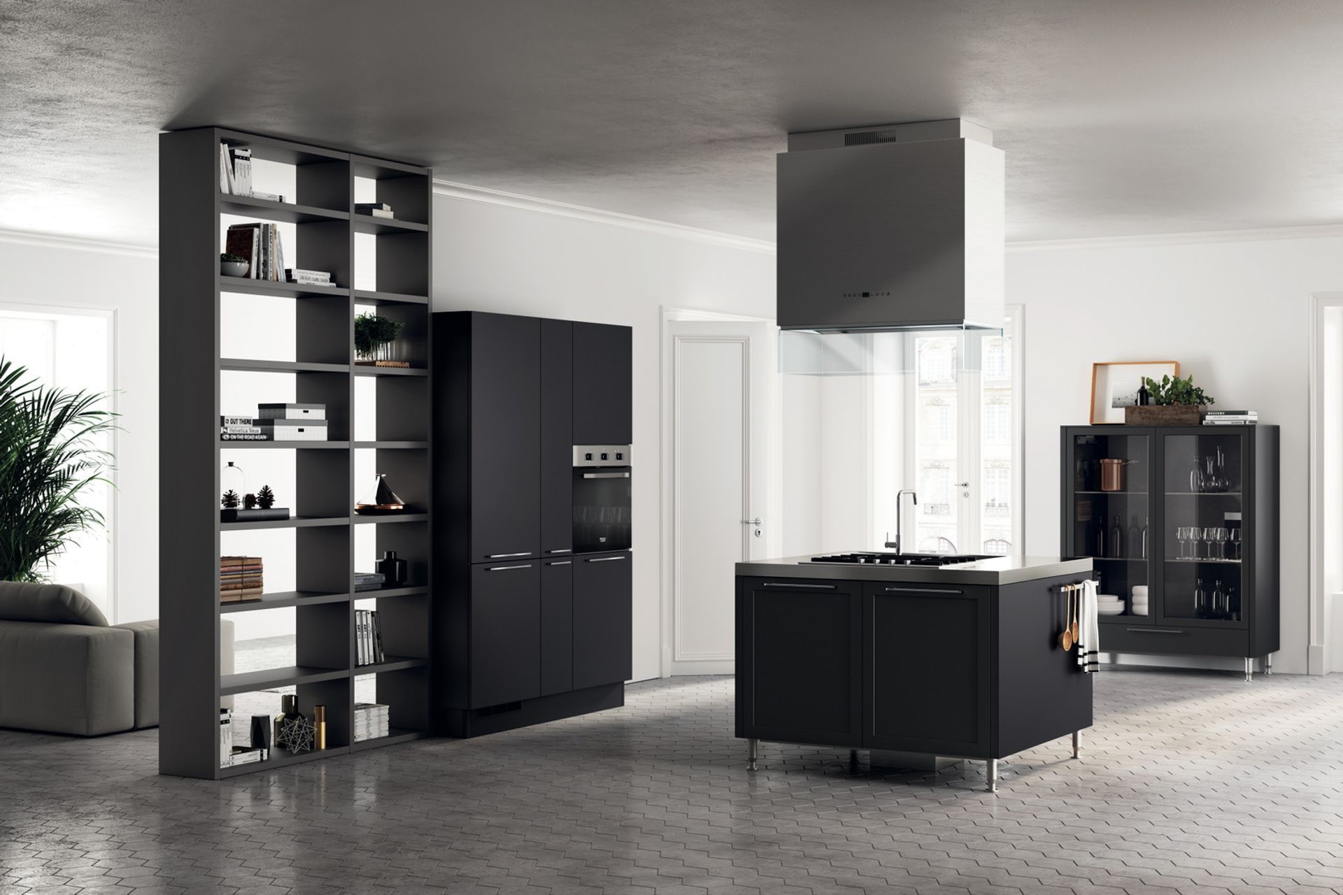 Innovative and flexible modularity. This particular version of the Carattere model is in Slate Black matt lacquered finish, combined with the “Fluida” Wall System in Iron Grey decorative melamine. The central island rests on a new base with Slender feet (H. 15 cm) which are available in Bronze or Soft Steel, with the 6 cm thick steel top.