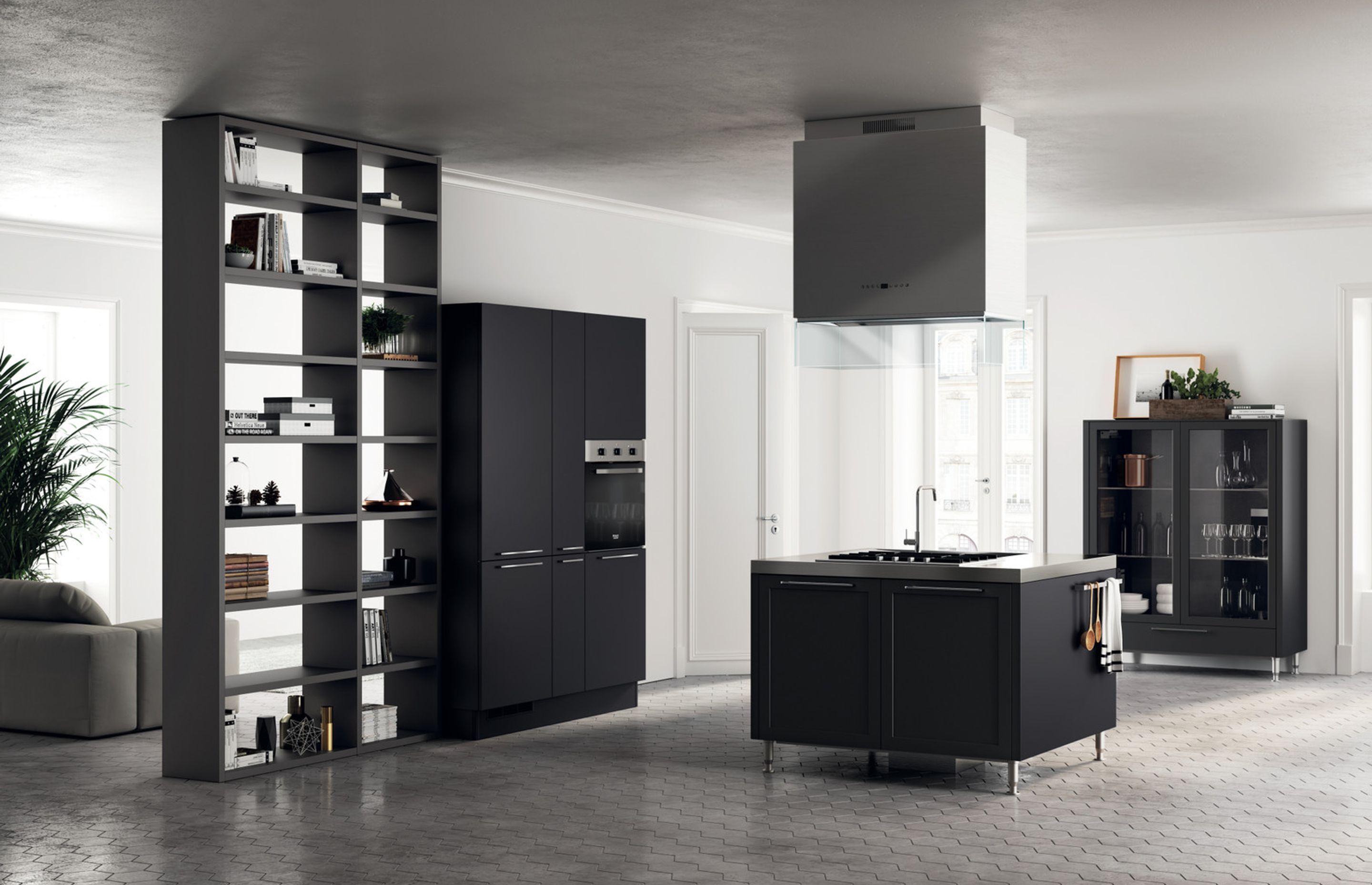 Innovative and flexible modularity. This particular version of the Carattere model is in Slate Black matt lacquered finish, combined with the “Fluida” Wall System in Iron Grey decorative melamine. The central island rests on a new base with Slender feet (H. 15 cm) which are available in Bronze or Soft Steel, with the 6 cm thick steel top.