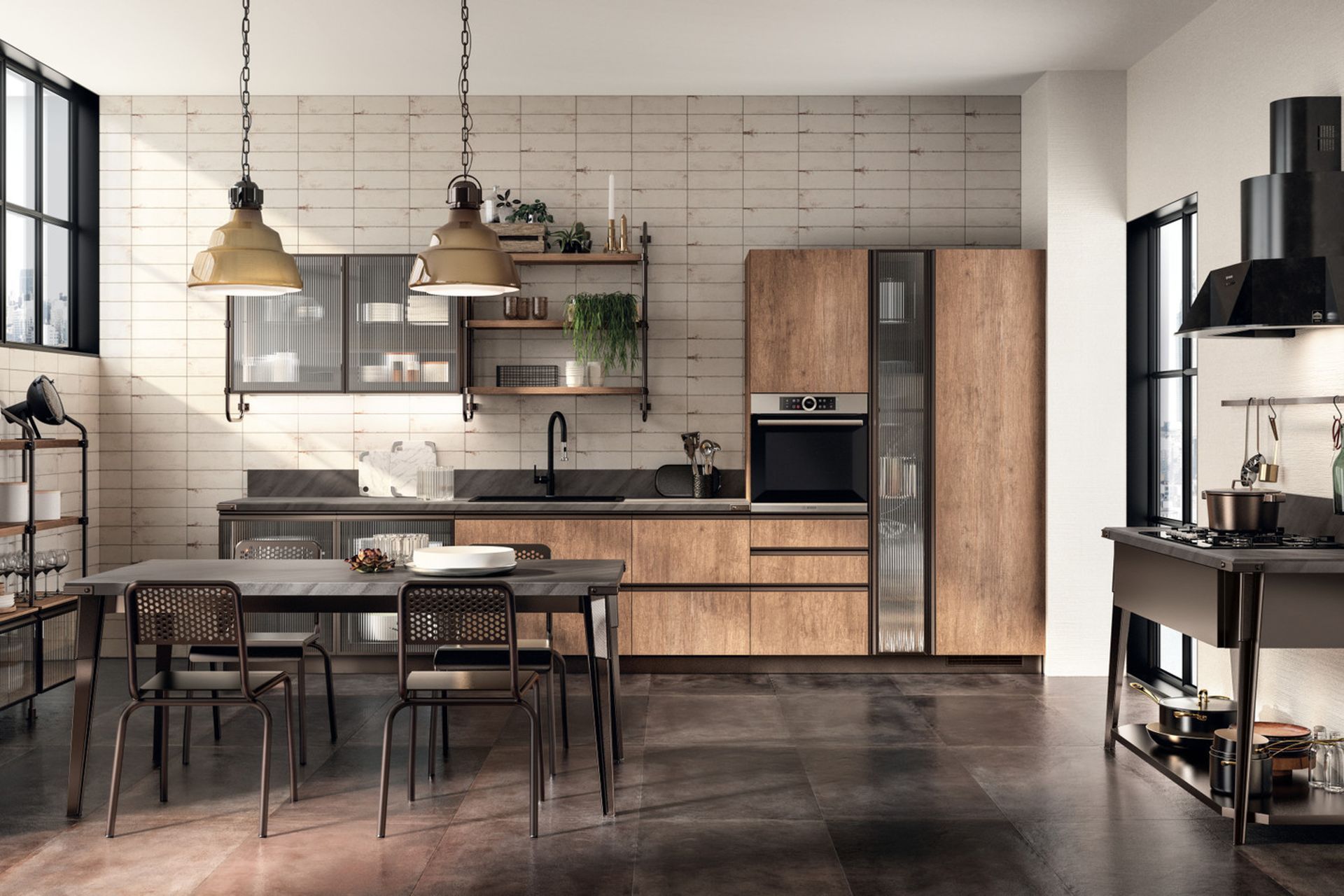 Landscape Oak decorative melamine doors and Bronze frame doors with Ribbed Glass. Bronze Stock Rack System with Landscape Oak decorative melamine shelves.