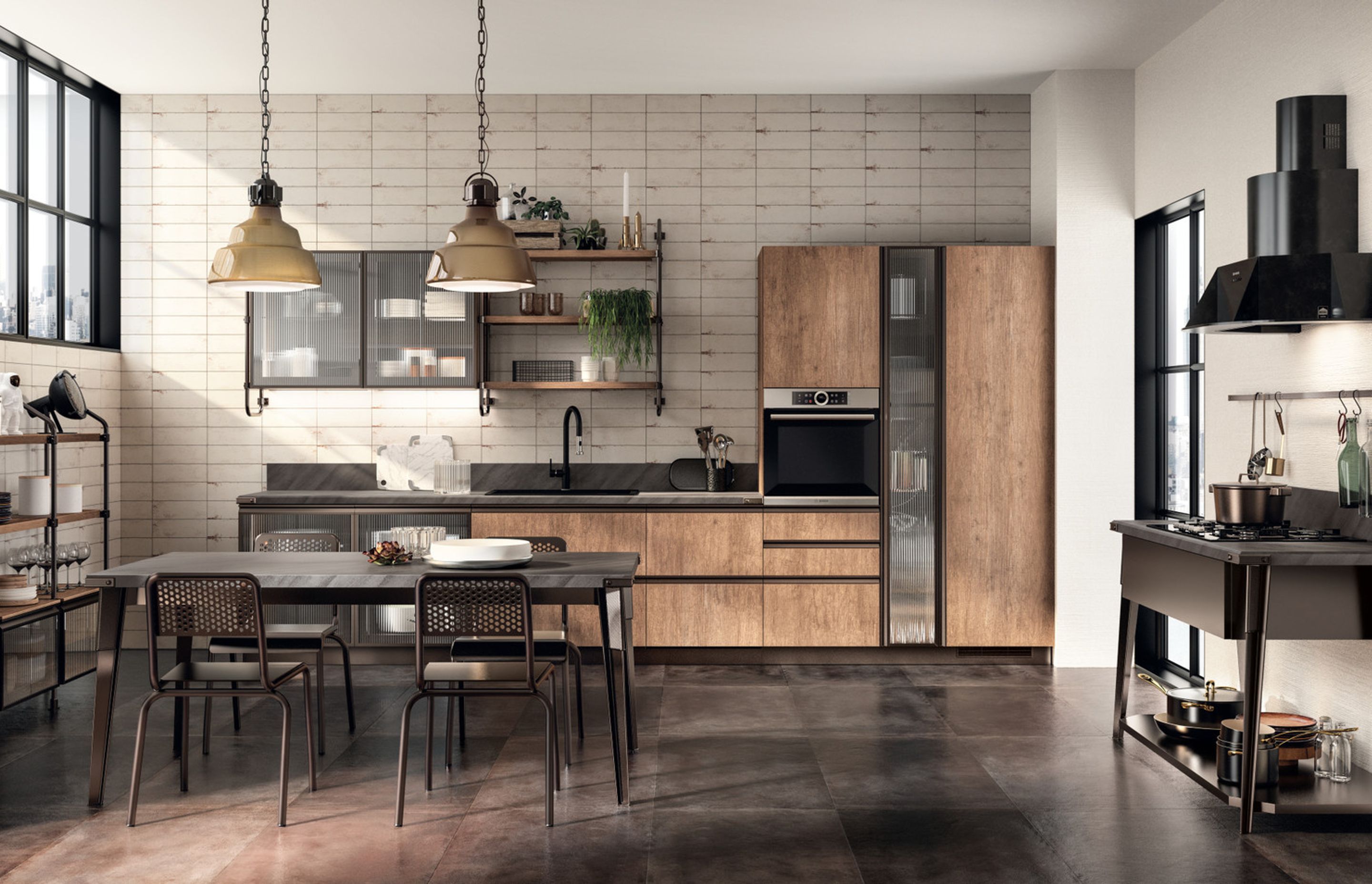 Landscape Oak decorative melamine doors and Bronze frame doors with Ribbed Glass. Bronze Stock Rack System with Landscape Oak decorative melamine shelves.