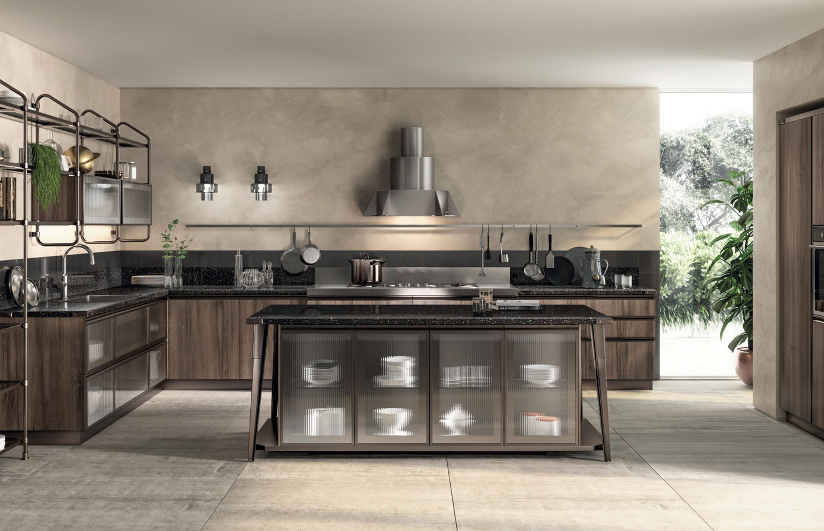 Composition with island, Garden Walnut decorative melamine doors and Bronze frame doors with Ribbed Glass. Bronze Stock Rack SystemwWith Smoky Glass shelves.