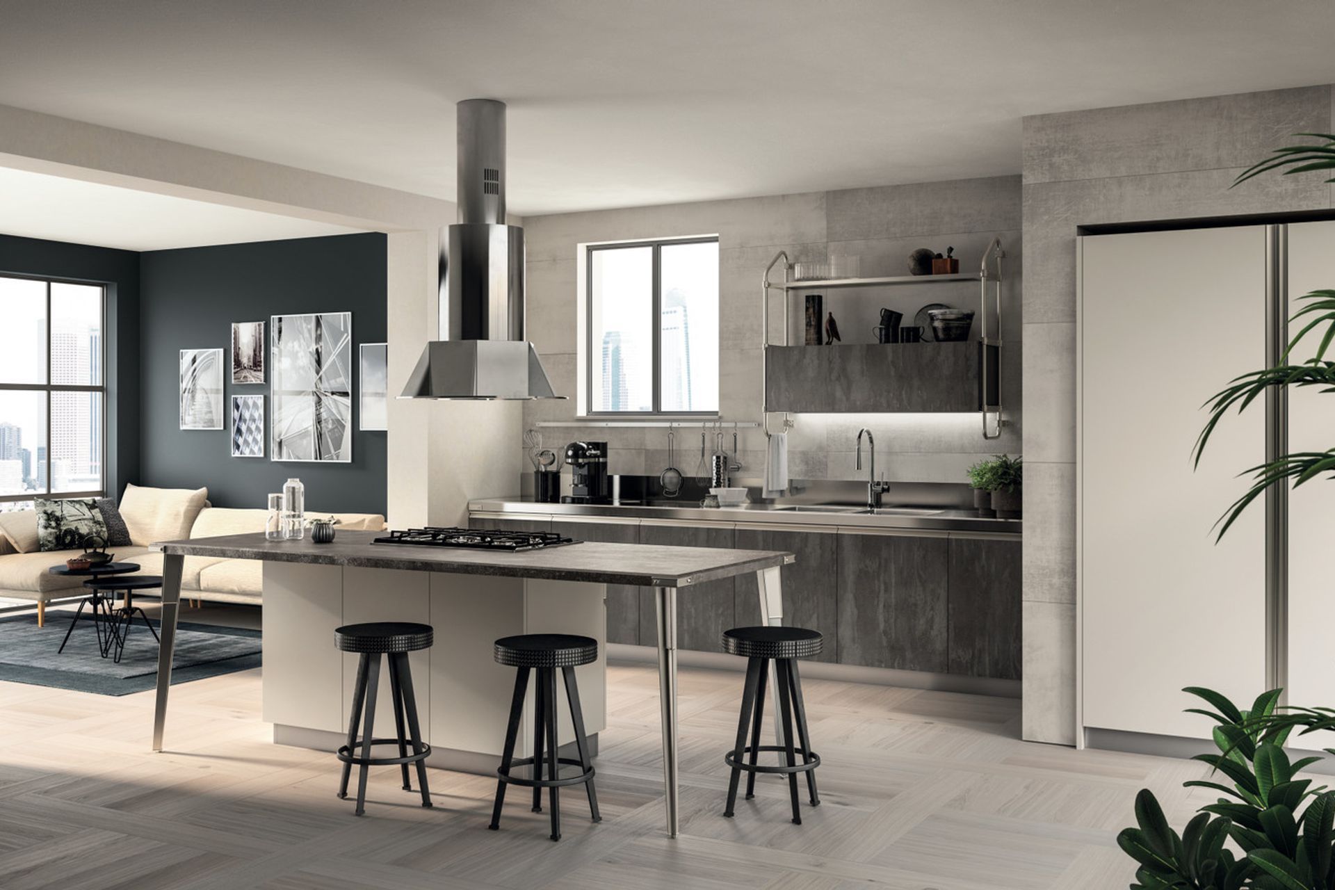 Light Grey scav 301 matt lacquered door and Concrete Harlem scav 880 decorative melamine door with Soft Steel handle profile. Wall-mounted Soft Steel Stock Rack system with Concrete Harlem scav 880 wall unit and frame shelf with Smoky Glass..