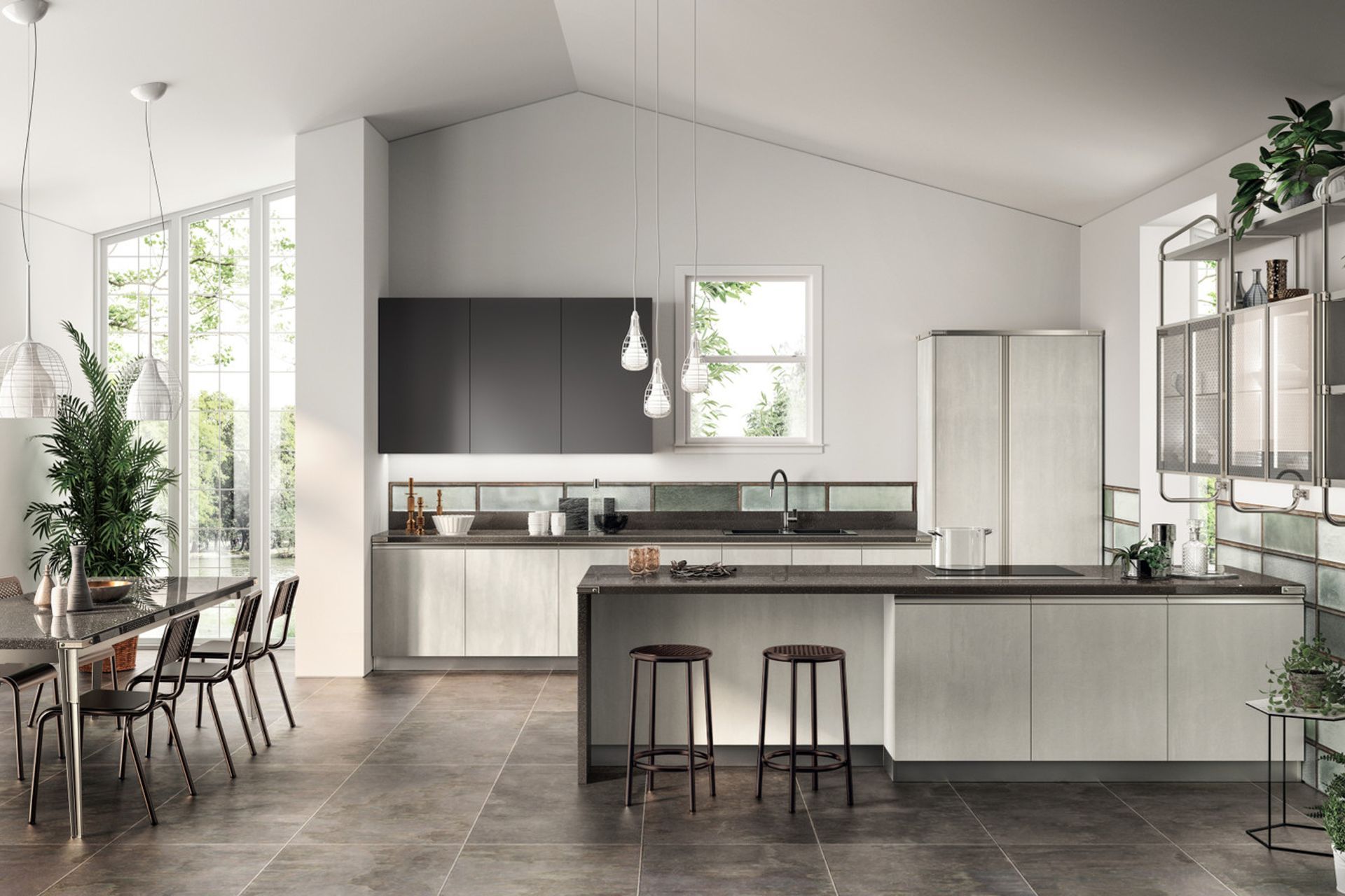 Composition with peninsula, Concrete Jersey and Earth Grey decorative melamine doors and Soft Steel frame doors with Smoky Glass.