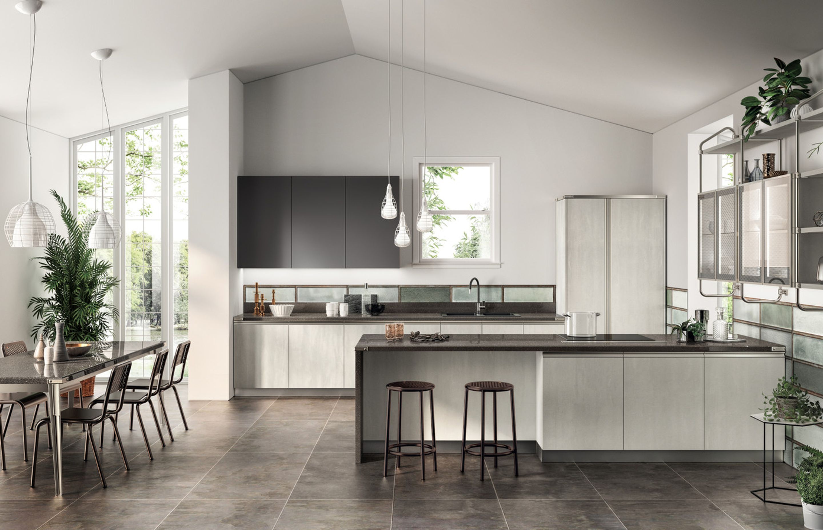 Composition with peninsula, Concrete Jersey and Earth Grey decorative melamine doors and Soft Steel frame doors with Smoky Glass.