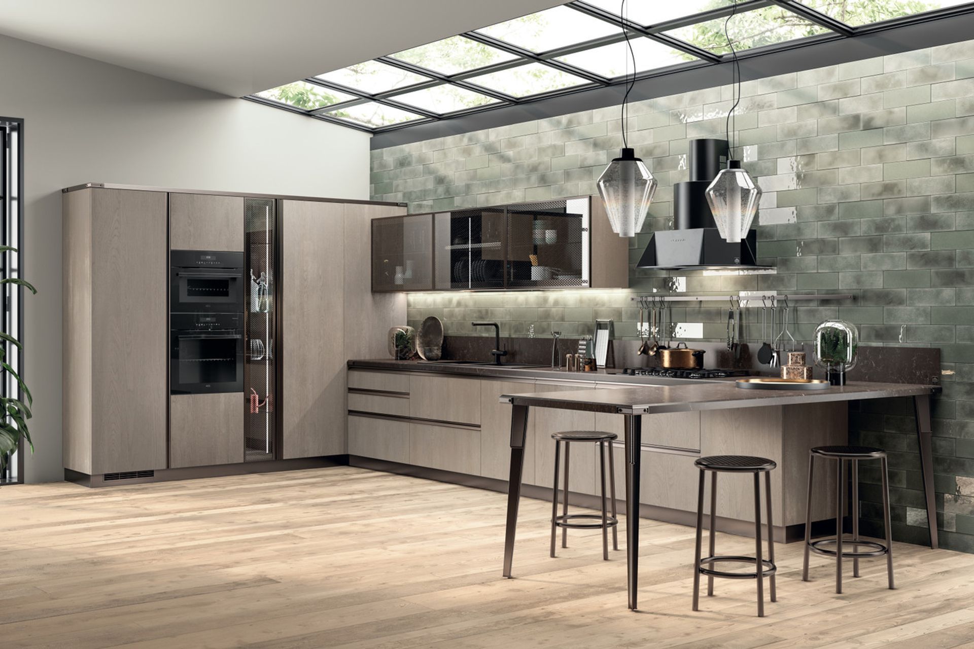 Garden Walnut scav 942 decorative melamine door and Bronze frame door with Rbbed Glass and Bronze handle profile. Bronze Stock Rack system with Smoky Glass shelves.