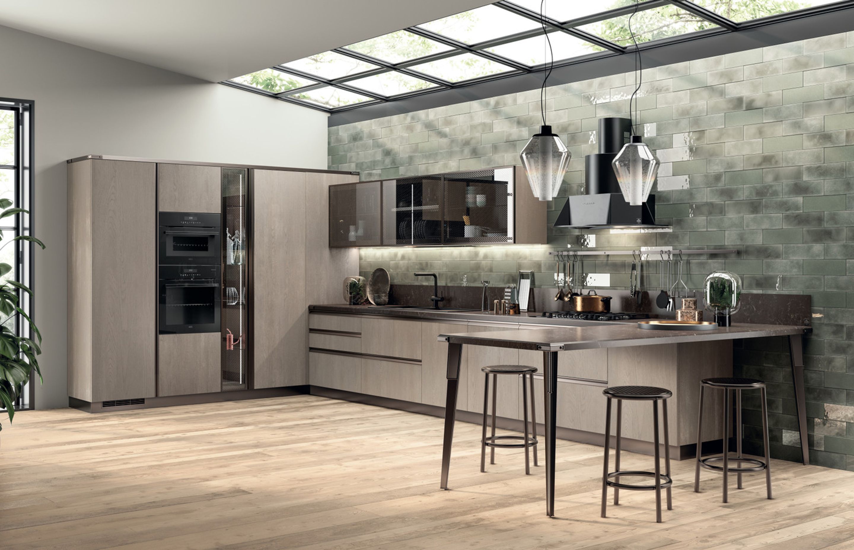Garden Walnut scav 942 decorative melamine door and Bronze frame door with Rbbed Glass and Bronze handle profile. Bronze Stock Rack system with Smoky Glass shelves.