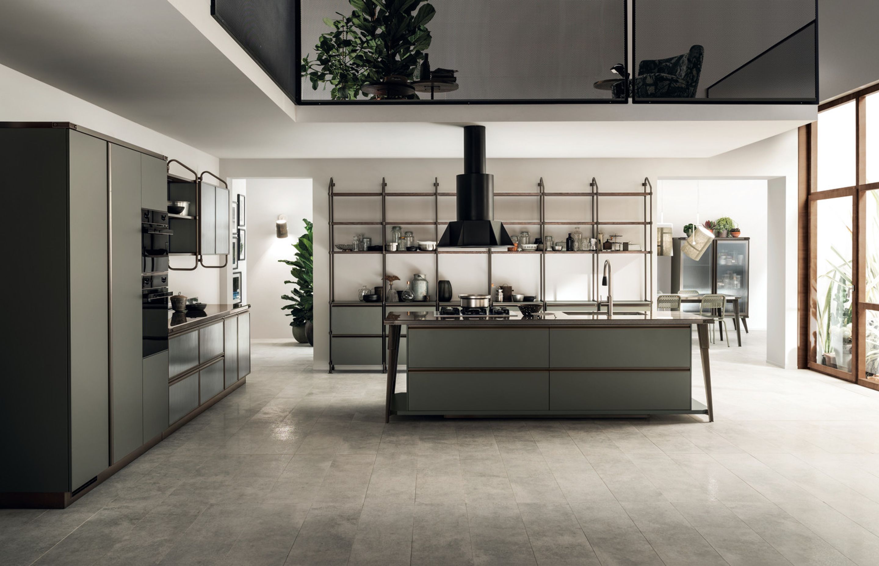 The Mineral Green version of this composition is an example of how a colour code, applied to the same project, can reveal entirely different universes of style. Matt lacquered door and Ribbed Glass for minimal contemporary taste...just the thing for contemporary settings.