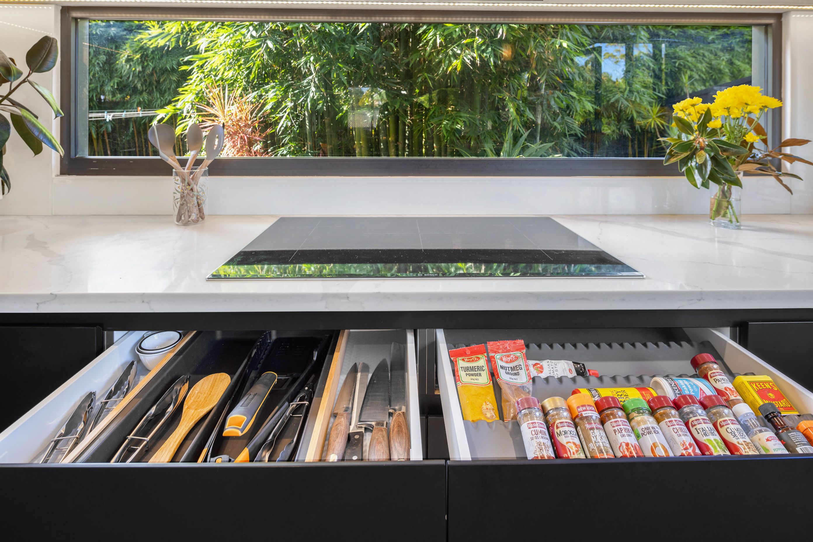 SILENCIO Multi-purpose tray and wooden frame | Salsa spice insert in Anthracite 1300MM X 550MM | Linea cutlery insert 500 / 60 in Anthracite 500-540 | Evostone support bracket  250 x 250MM