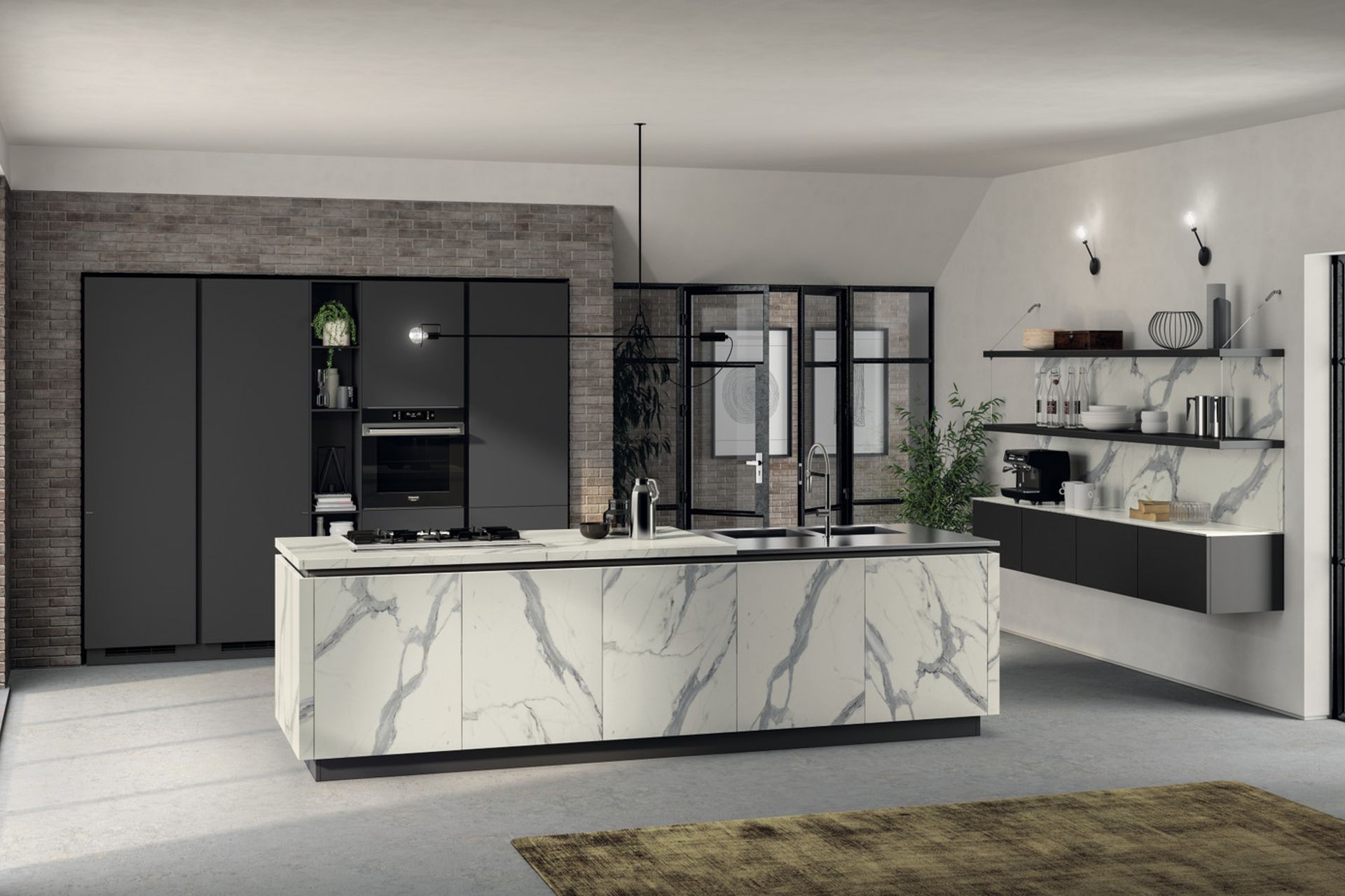 A highly effective composition. The operational part plays the starring role of this composition: the cooking area stands out for the Statuario laminate worktop (40 mm thick) and it is equipped with a retractable hood; the washing area on the other hand features a satin fnish steel top (20 mm thick) with built-in sink basins.