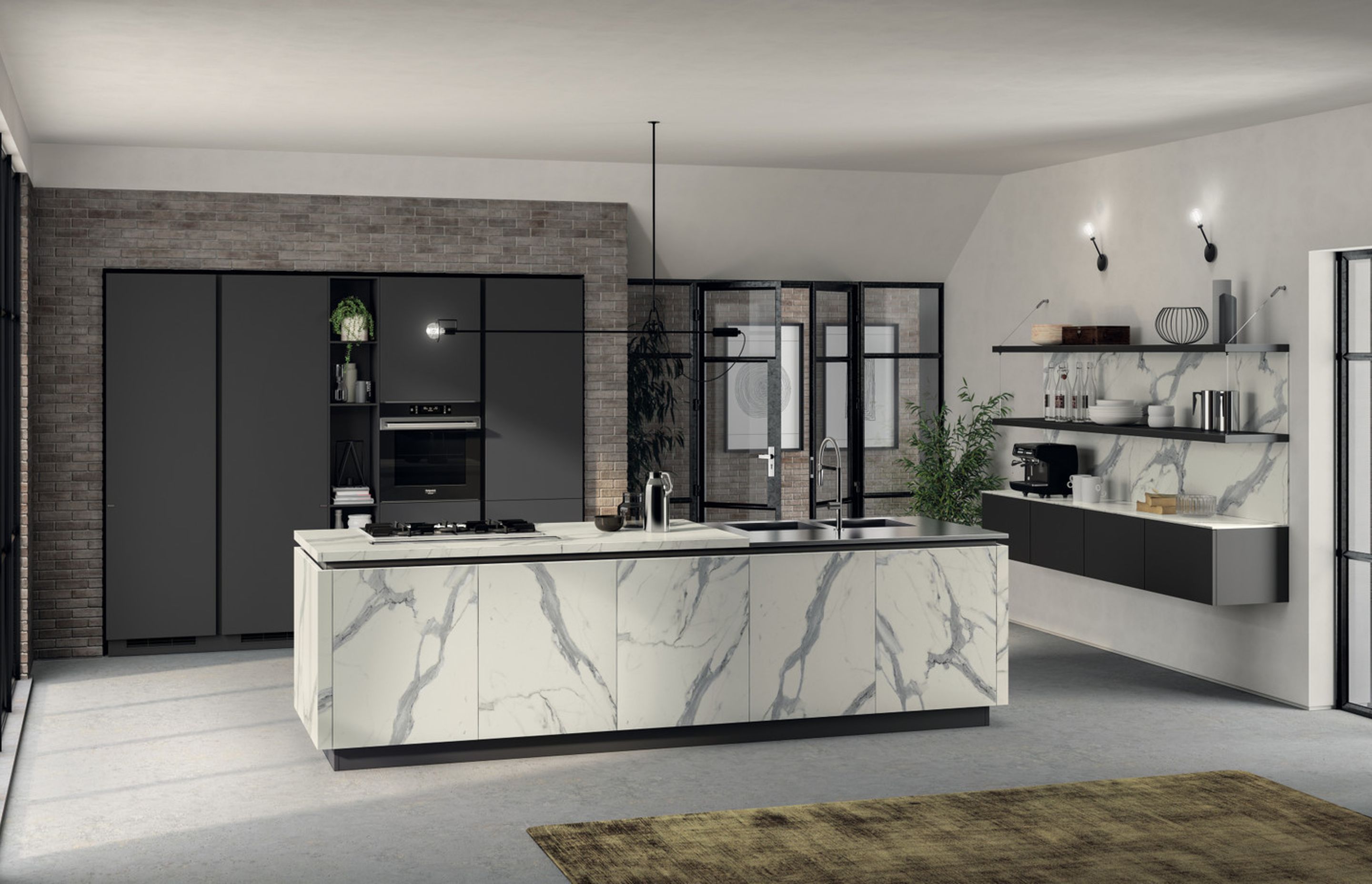 A highly effective composition. The operational part plays the starring role of this composition: the cooking area stands out for the Statuario laminate worktop (40 mm thick) and it is equipped with a retractable hood; the washing area on the other hand features a satin fnish steel top (20 mm thick) with built-in sink basins.