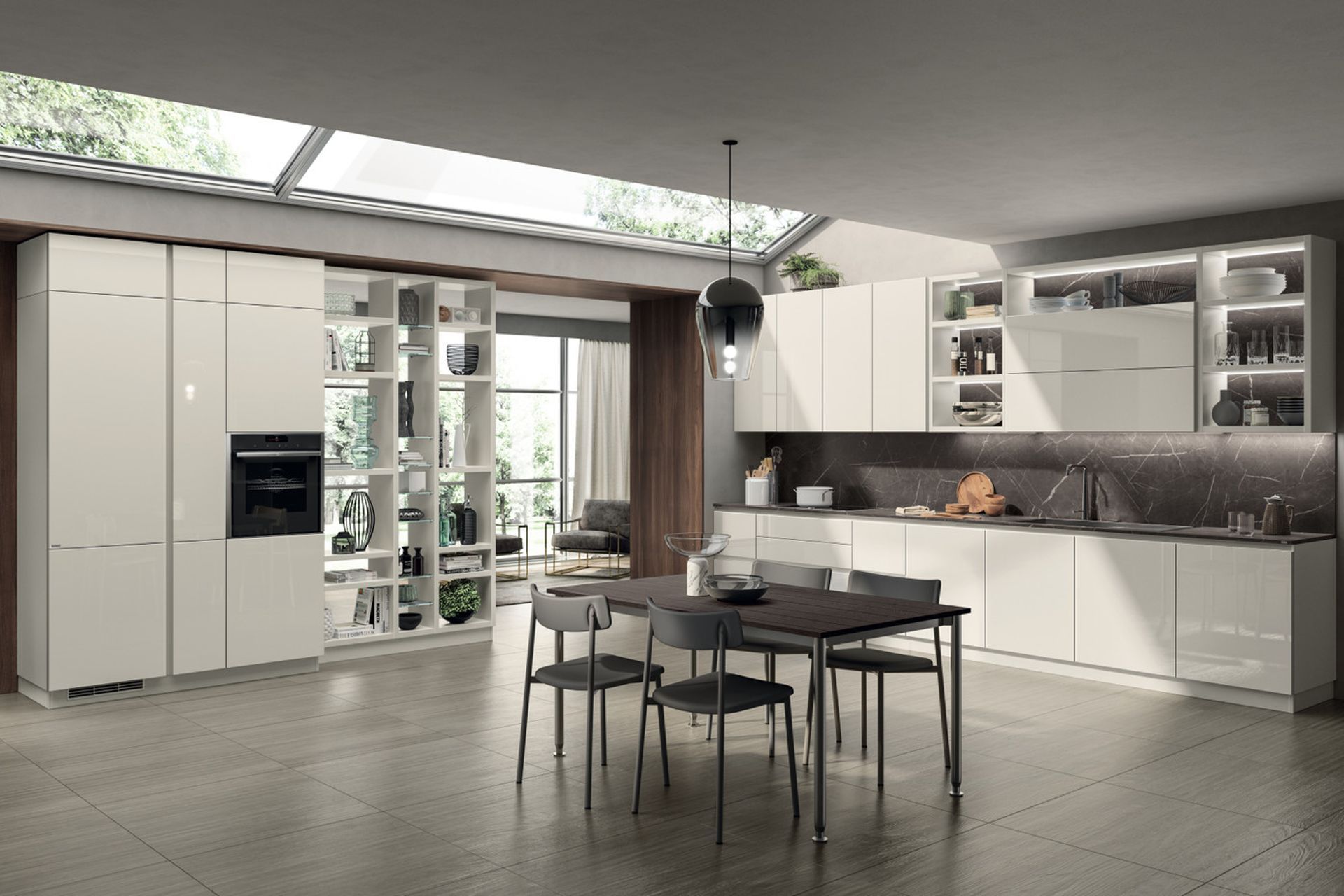 Glass plays the starring role. A dynamic combination of the “Fluida” Wall System in Pure White decorative melamine, to separate and join adjoining rooms. The detail of the glass shelves liaises harmoniously with the Prestige White polished glass used for the kitchen area fronts.