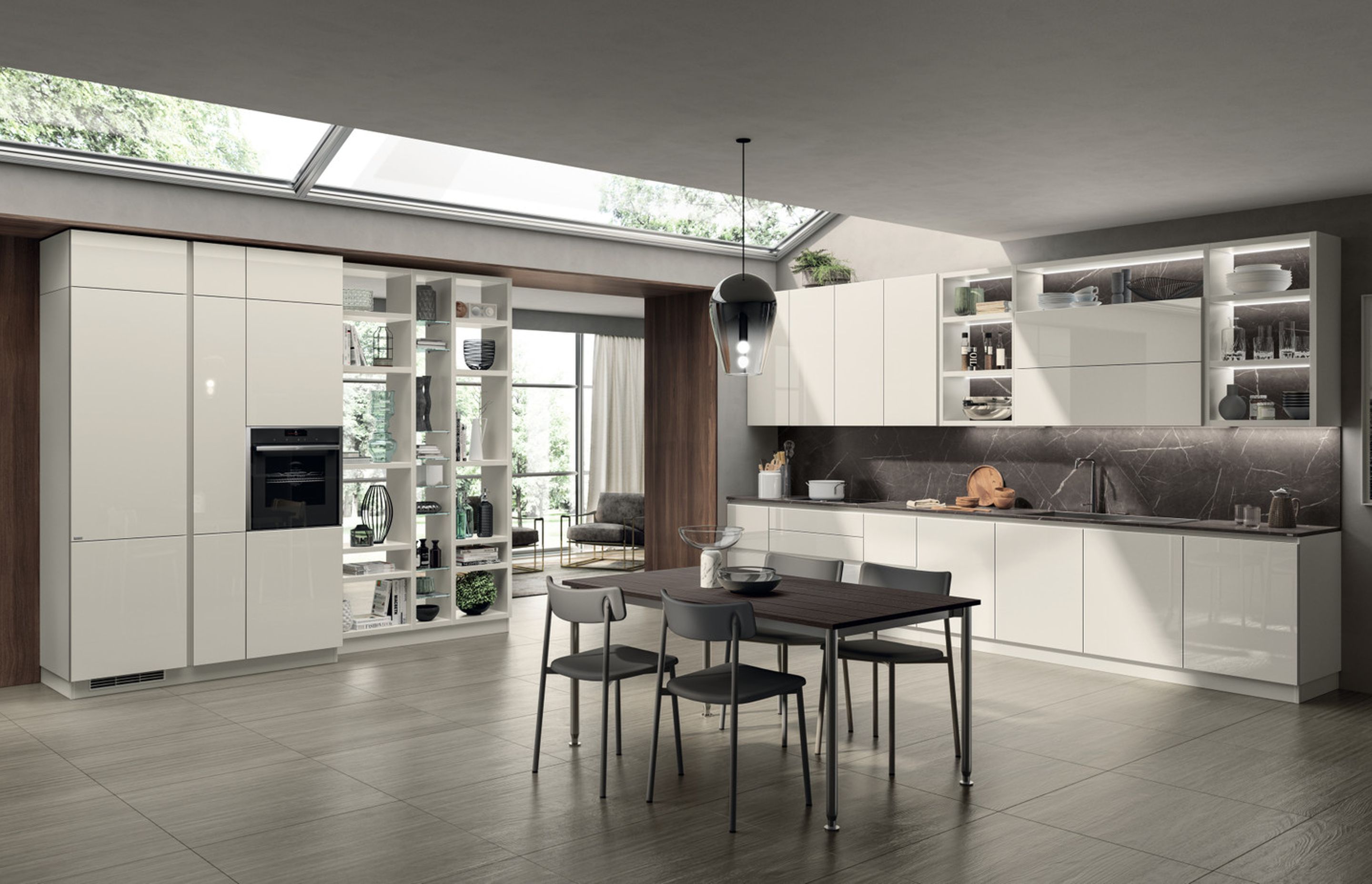 Glass plays the starring role. A dynamic combination of the “Fluida” Wall System in Pure White decorative melamine, to separate and join adjoining rooms. The detail of the glass shelves liaises harmoniously with the Prestige White polished glass used for the kitchen area fronts.