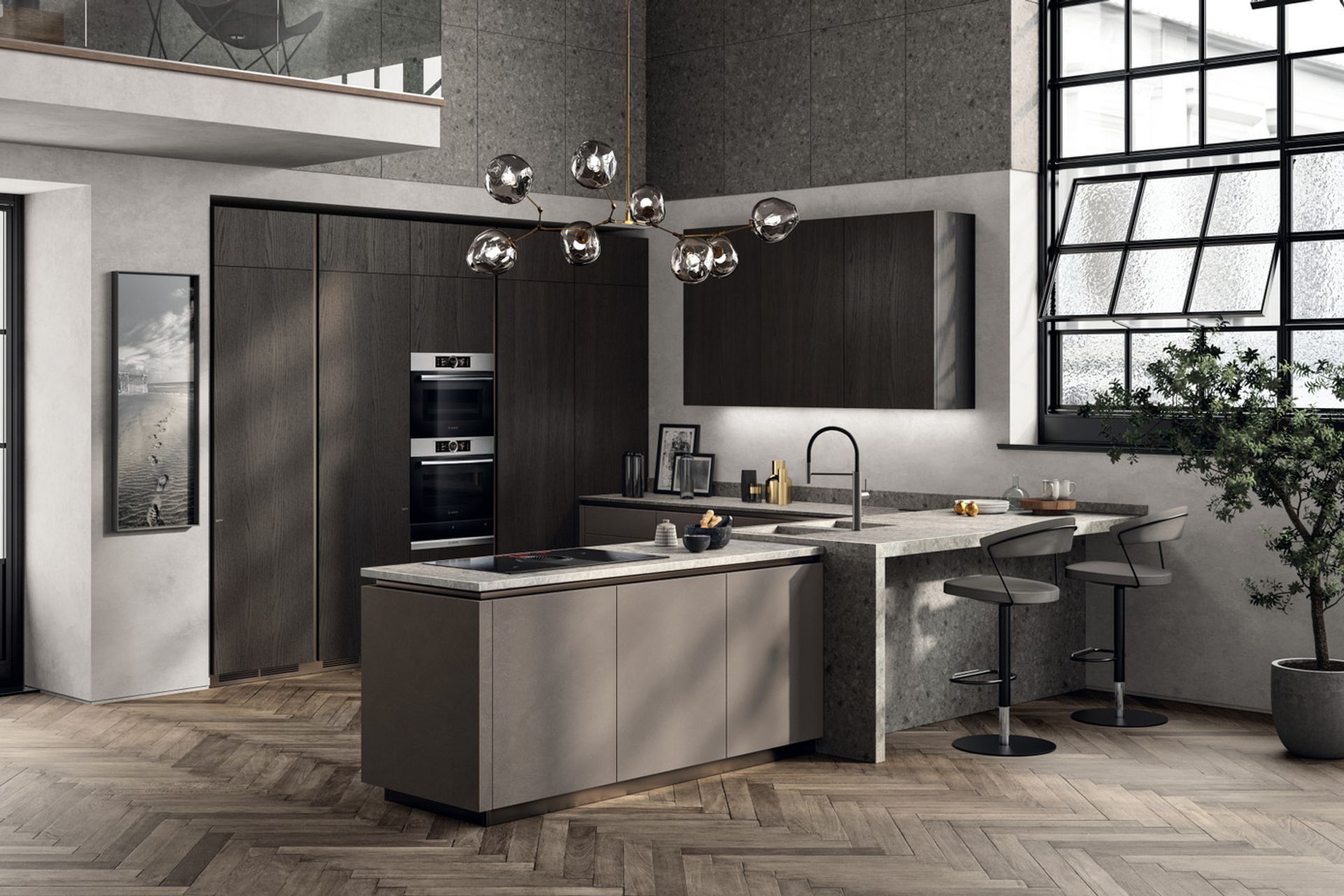 Textured feelings are the focus of this design: Agra Clay Biomalta for the base units and Coal Oak veneered wall units and tall units, a blend of sophisticated colours and top-quality materials to create an unforgettable style.