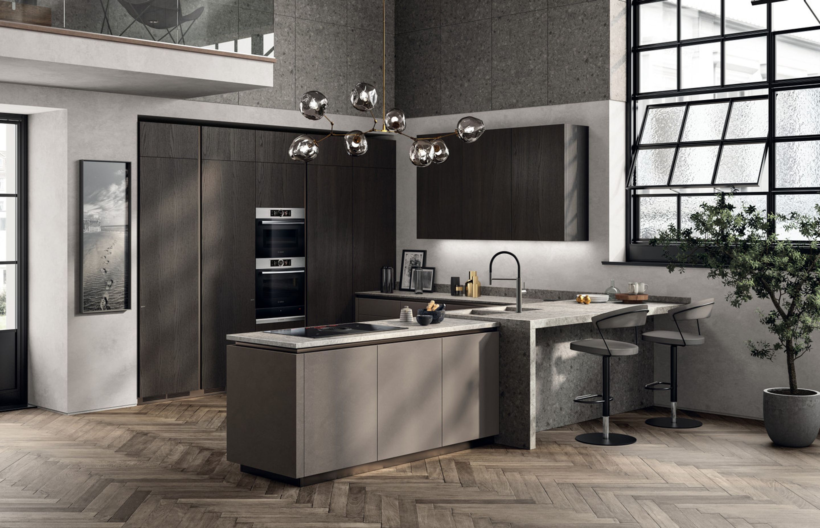 Textured feelings are the focus of this design: Agra Clay Biomalta for the base units and Coal Oak veneered wall units and tall units, a blend of sophisticated colours and top-quality materials to create an unforgettable style.