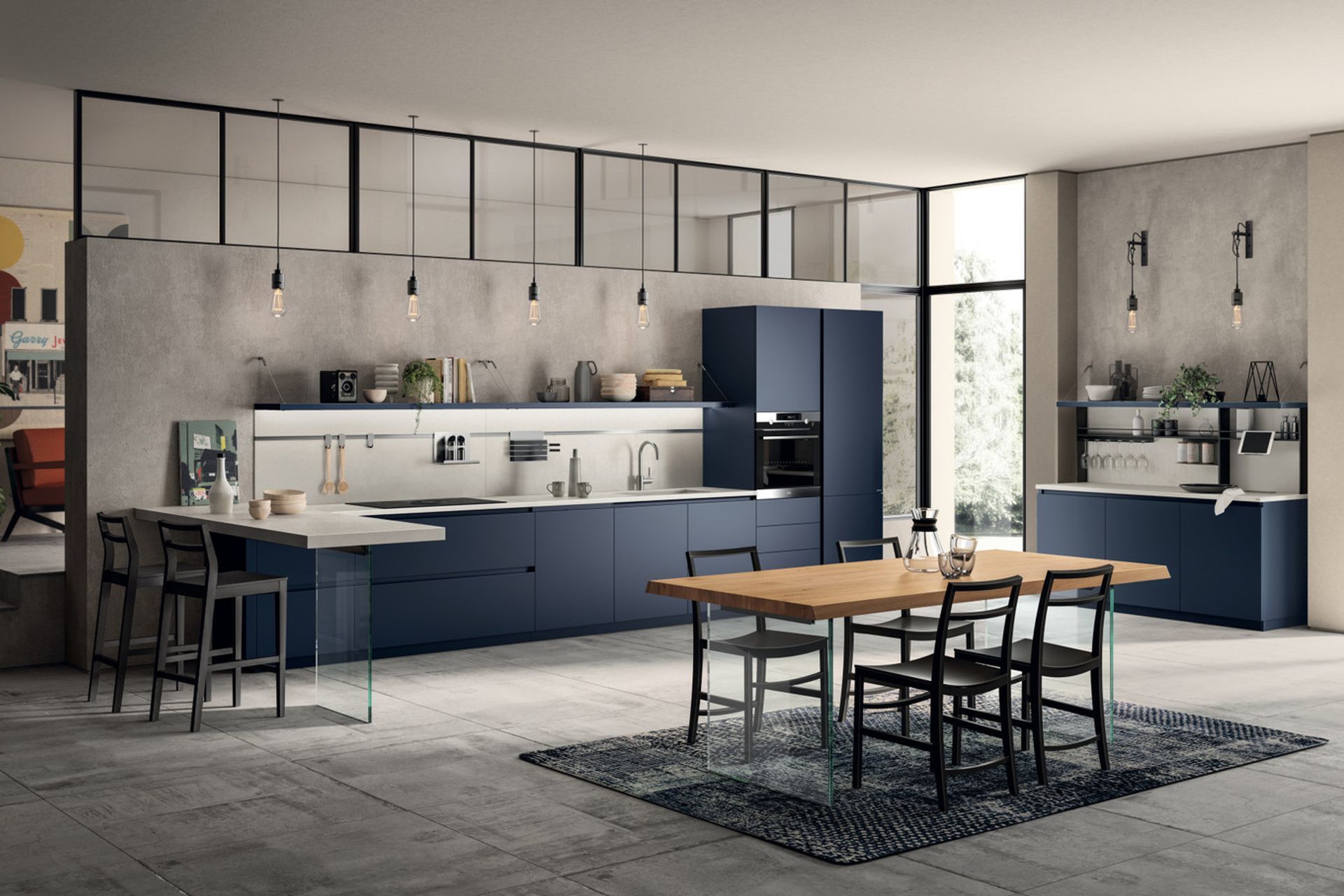 Moon Blue matt lacquered finish of the composition (door, recessed grip profle and plinth): for those who appreciate attention to detail. Attractive contrasting textures between the peninsula worktop in Calce Bianco Porcelain Stoneware and the glass Levity support.