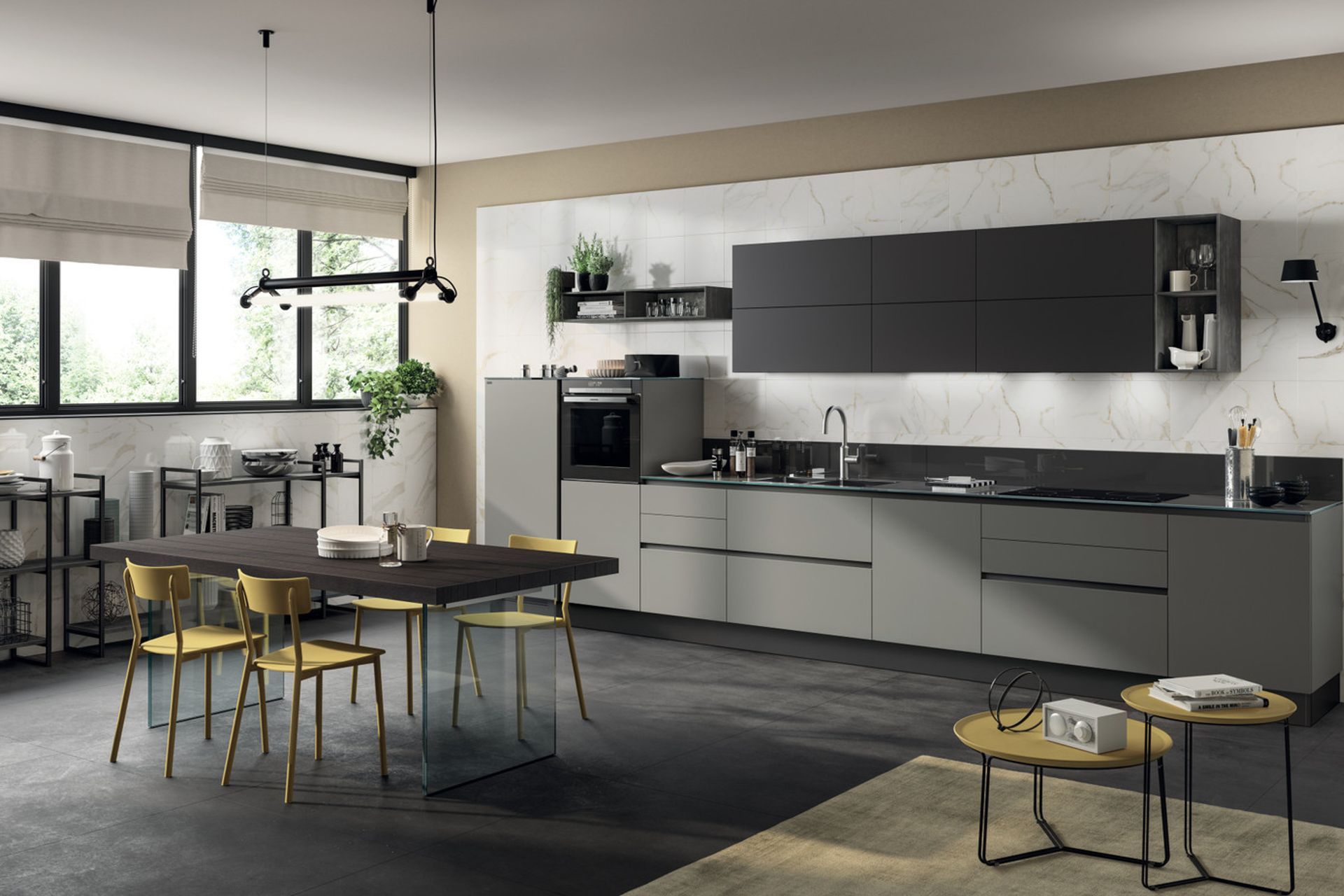 Linear composition, where the Iron Grey polished glass worktop (12 mm thick) enhances the appeal of the Titanium Grey matt lacquered base units and tall units. The open-fronted wall units and shelves of the "Metro" Wall System are instead in Concrete Harlem decorative melamine.