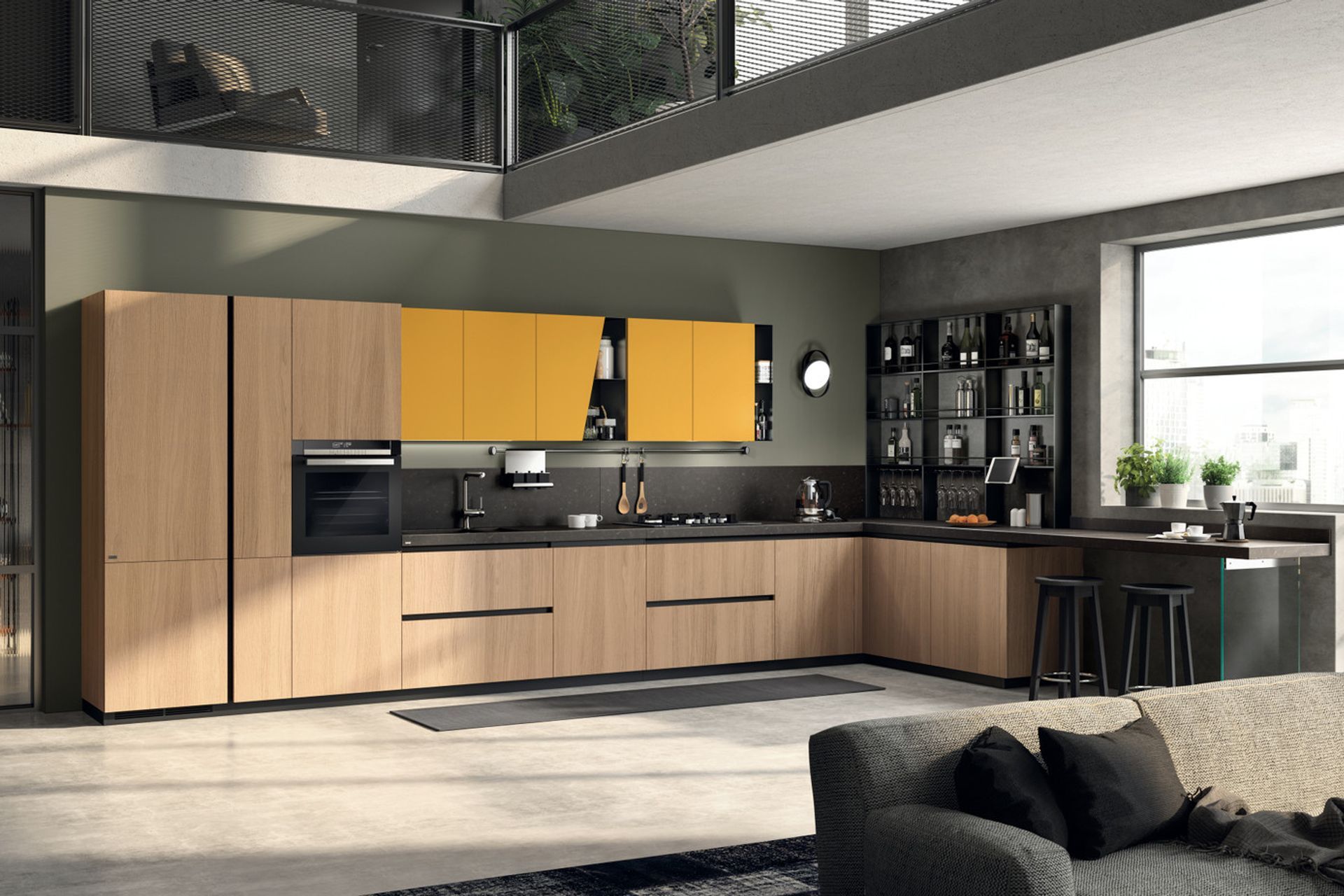 Colour in your daily life: mustard Yellow matt lacquered wall units with slanted door, combined with Anthracite coloured metal open-fronted wall units, choices whose value is generously emphasised by the combination with the Wheat Oak veneered fnish of the composition.