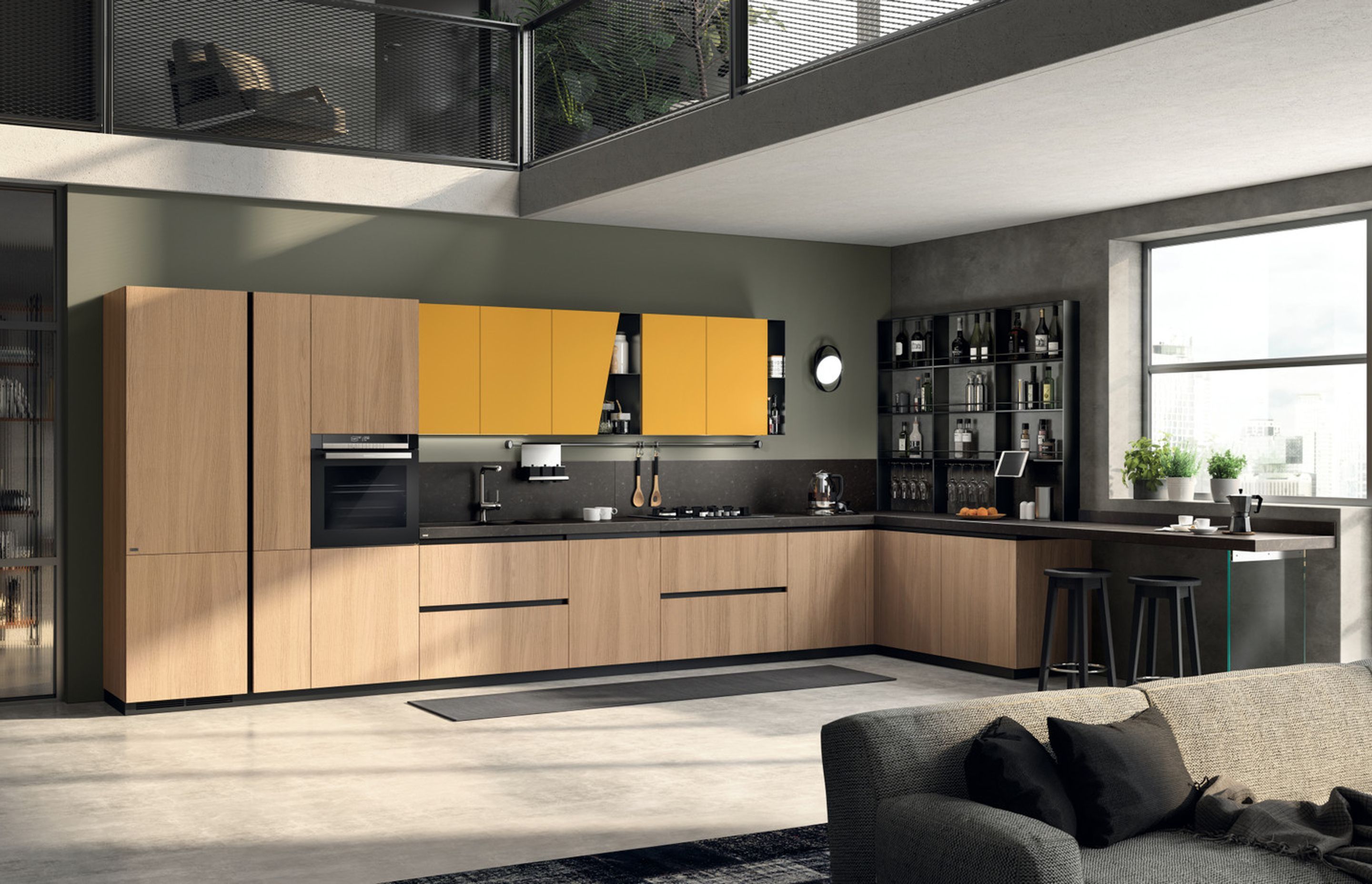 Colour in your daily life: mustard Yellow matt lacquered wall units with slanted door, combined with Anthracite coloured metal open-fronted wall units, choices whose value is generously emphasised by the combination with the Wheat Oak veneered fnish of the composition.