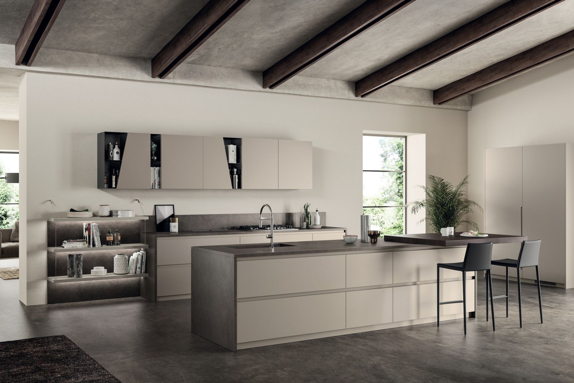 The Diagonal pull-out breakfast bench, ftted with a clever diagonal sliding mechanism, stands out for its fnish: extra thick Nabuk Oak veneered (70 mm), a warm textured note in this attractive design.