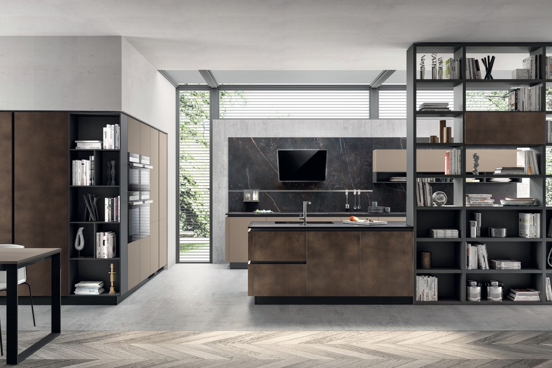 A linear area, where the base units and wall units are in Ottawa Beaver Fenix NTM® finish. This clean-cut geometrically shaped confguration makes all tasks convenient and comfortable. In the background, the charming wall panel in Kelya Dekton®, combined with the 10 cm-high Black plinth.