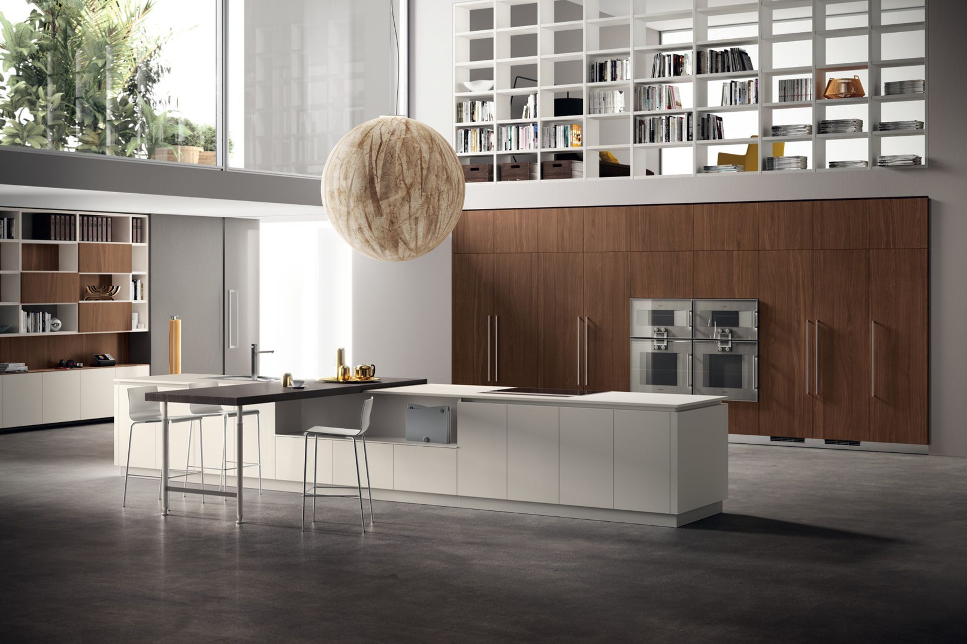 A composition with significant volumes, where the undisputed stars are the materials: Sunset Walnut with an elegant vertical grain for the large cabinets, Malé White Fenix NTM® for the island base units and panelled Nabuk Oak for the breakfast bench top, ftted with Slender adjustable support.