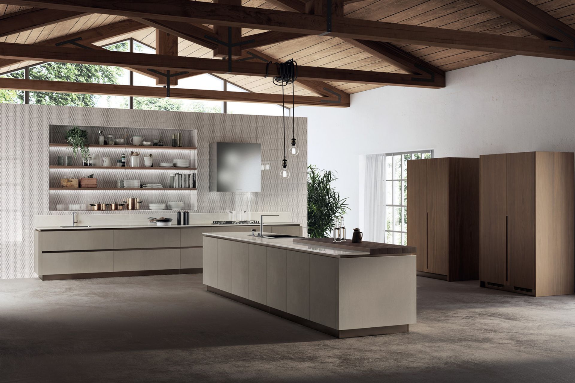 Two separate areas dedicated to washing are the distinguishing features of this confguration of the LiberaMente model, with Delhi Clay Biomalta doors (22 mm thick) – the same material is also available for the side facing panels –, while the recessed grip profles and plinths are in the stylish Bronze-finish.